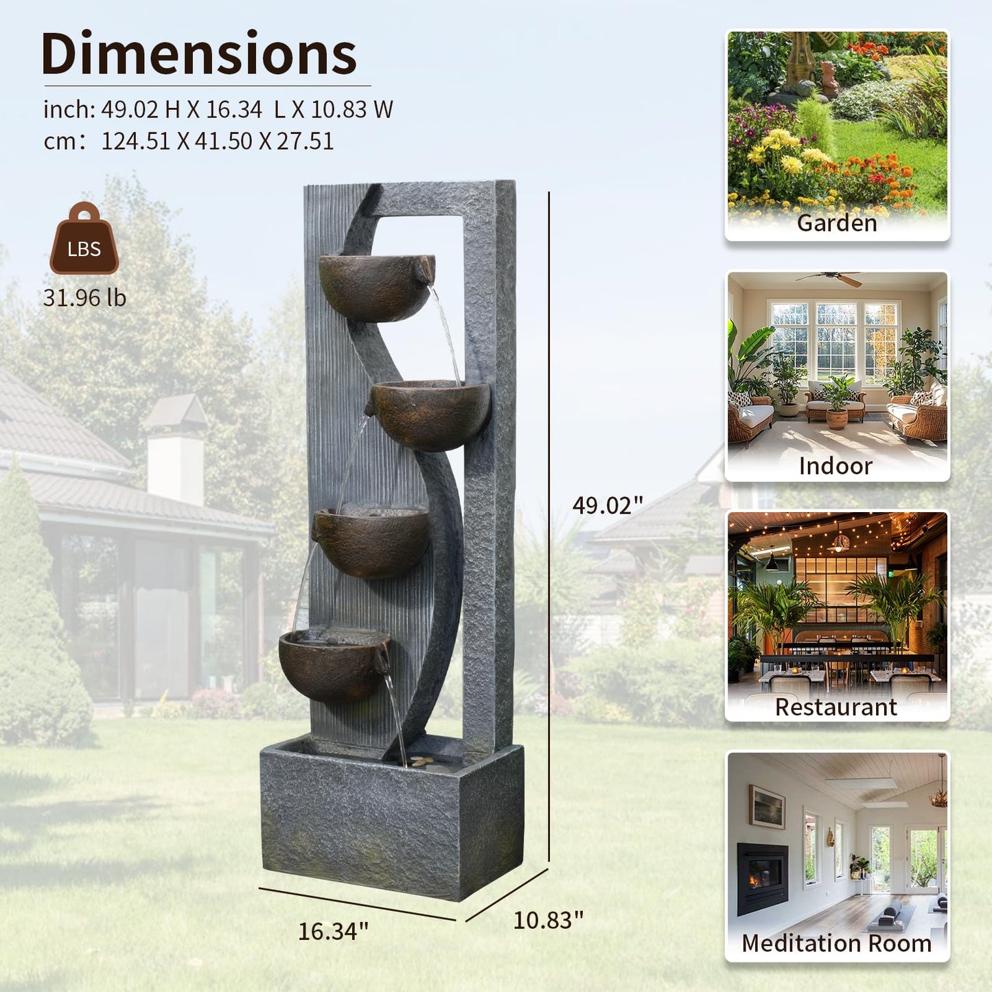 Sunlinua Outdoor Waterfall Fountain 5 Tier Tall Design 49.2 Inch Water Fountain with LED Lights and Pump Decorative Water Feature for Garden Patio Backyard
