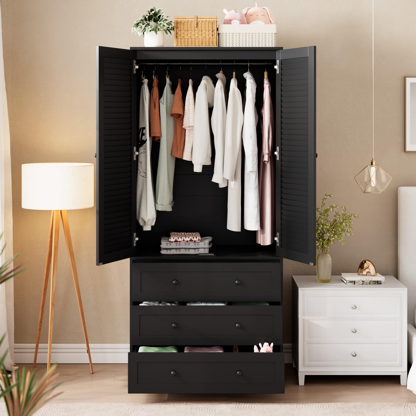 GarveeHome Armoire Wardrobe Closet with Drawers, 69.5 in Wooden Wardrobe Cabinet with Hanging Rod, 2 Doors Clothing Storage Cabinet for Bedroom, Large Capacity Storage, Louvered Door, Black