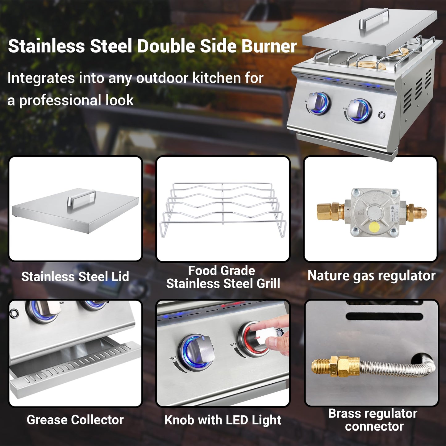 Livory Double Grilling Side Burners for Outdoor Kitchen, 2 * 17,000BTU Nature Gas Burners, Convertible to Liquid Propane, Duty Heavy 304 Stainless Steel, Built-in Side Burner for BBQ Island Grill
