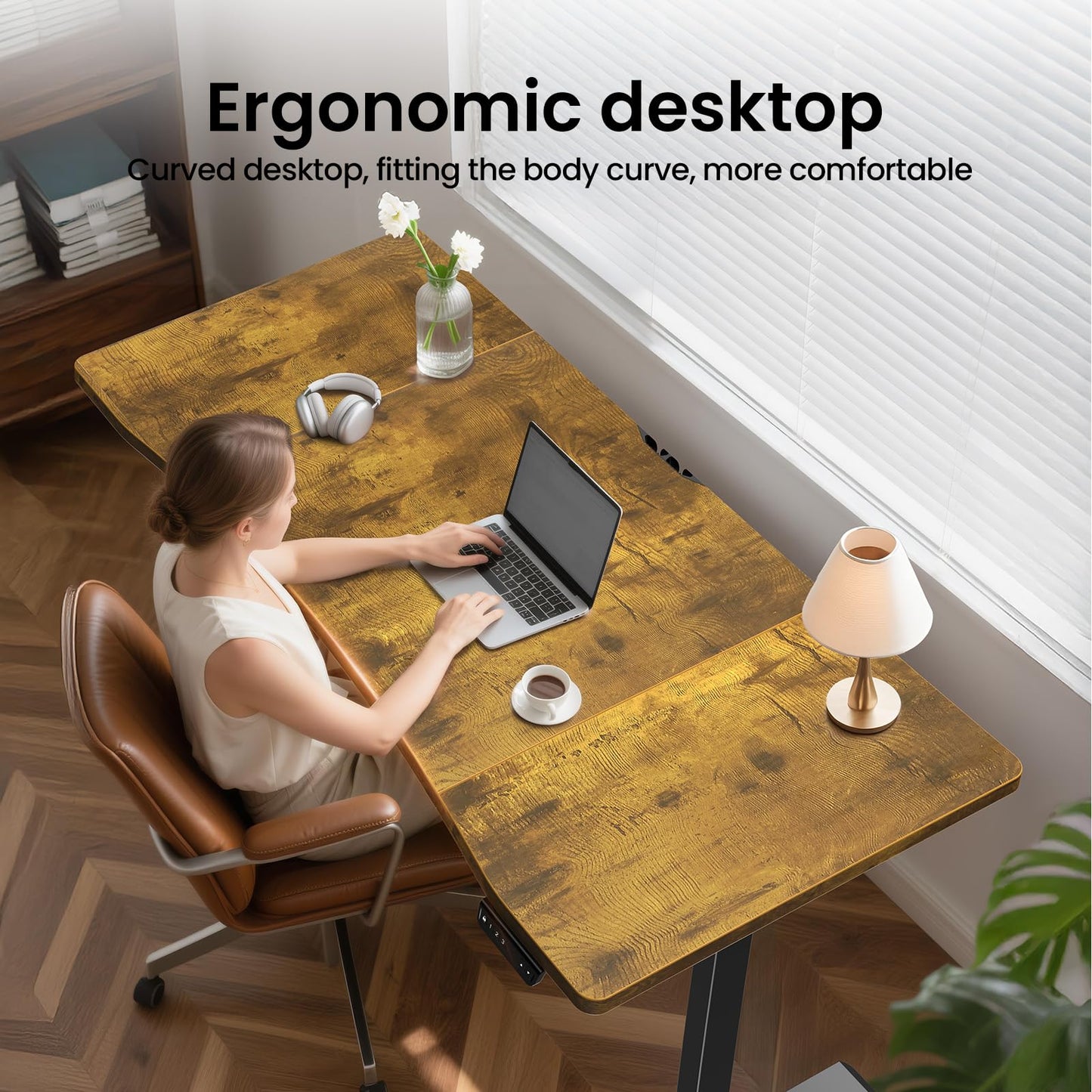 Veken 63 x 28 Inch Electric Standing Desk, Sit to Stand Up, Work Home Office Computer Table for Study, Walking Pad, Writing, and Games, Wooden Desktop Desks, Brown
