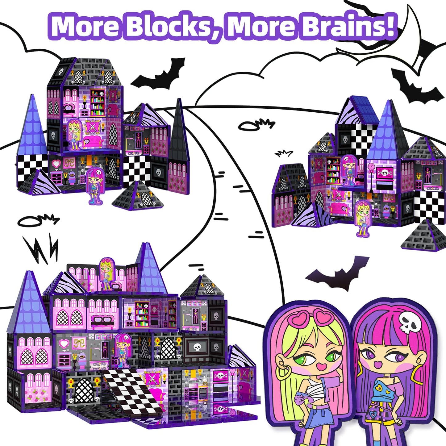GobiDex Magnetic Tiles Doll House Building Toys, Monster Magnetic Blocks for Kids Ages 3-8,STEM Magnet Toys Birthday for 3+ Year Girls,Haunted Castle Playset
