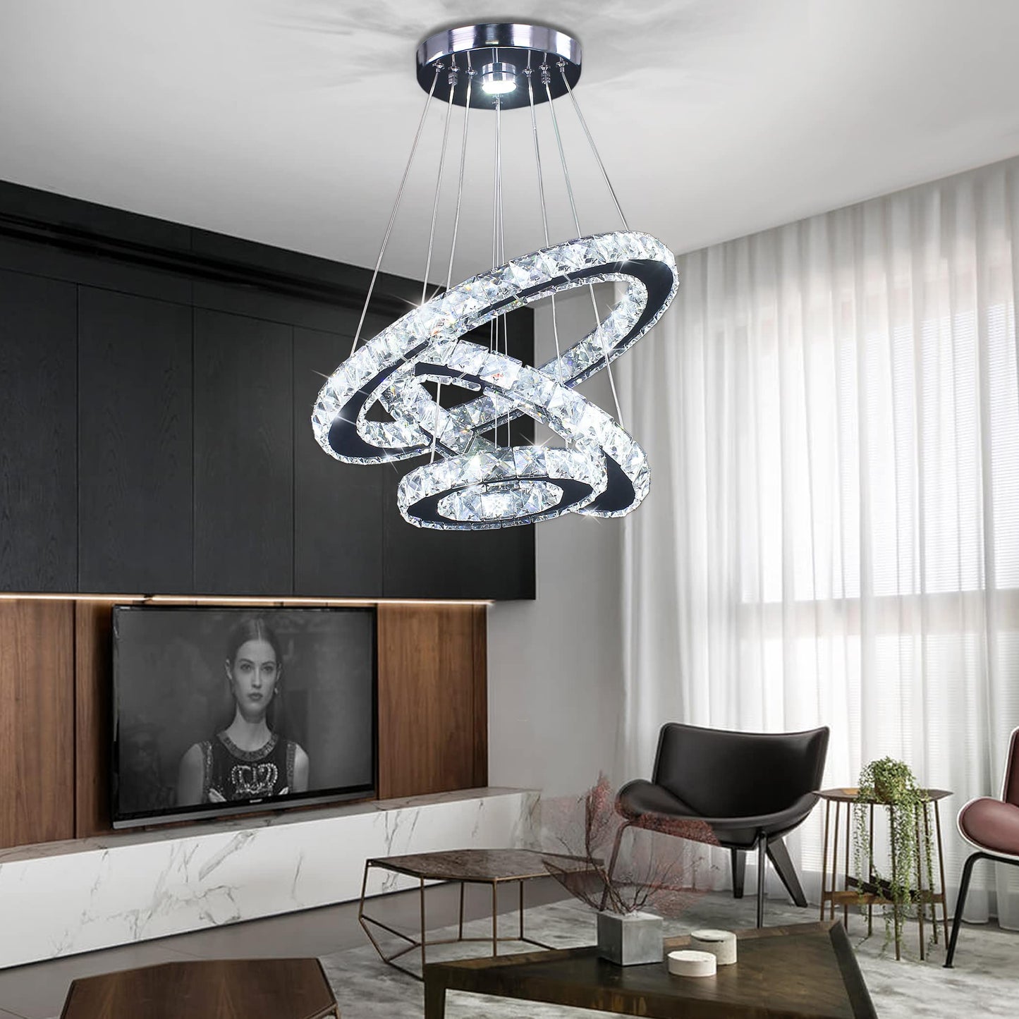 xychfantligh Modern 3 Ring Round Crystal Chandelier Adjustable Stainless Steel Pendant Lighting LED Crystal Ceiling Light Fixture for Living Room Dining Room Bedroom Cool White