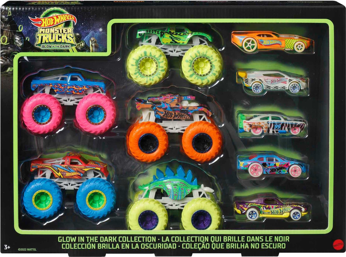 Hot Wheels Toy Monster Trucks 10-Pack of Glow-in-the-Dark 1:64 Scale Vehicles, GITD Set of 5 Trucks & 5 Cars, Play Vehicles for Kids & Collectors
