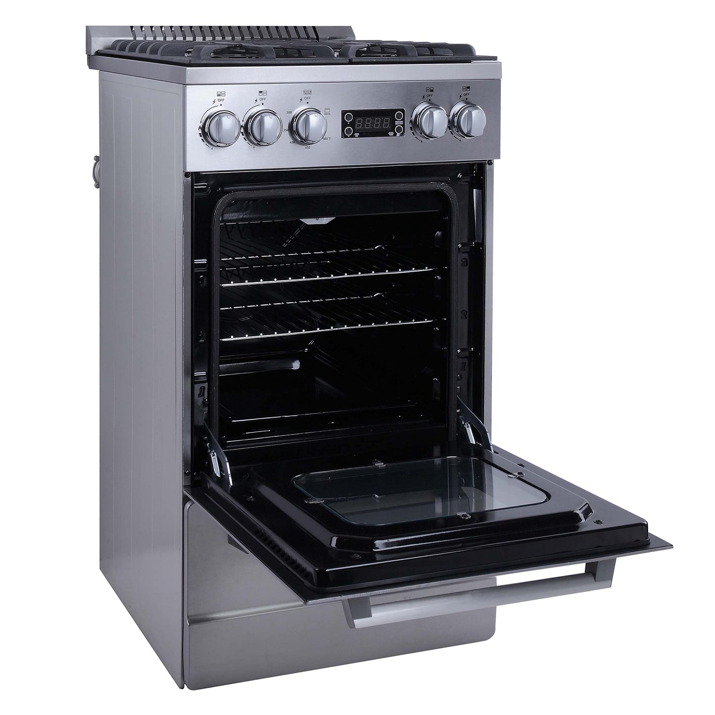 Avanti Gas Range Oven ELITE Series Compact Freestanding Design, 2.1-Cu.Ft. Capacity 4 Sealed Burners with Electronic Ignition, Includes Broiler Storage Drawer and Accessories, 20-Inch, Stainless Steel
