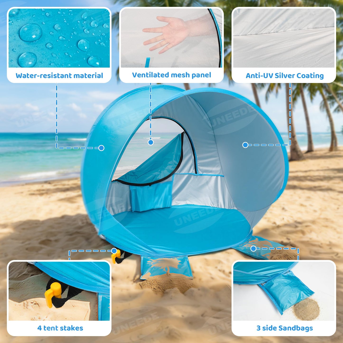 Baby Beach Tent Pop Up Baby Tent with UV Protection - Portable Infant Shade Canopy, Must-Have Beach Baby Essentials (Blue, 32.7" x 28.5" x 30.7")