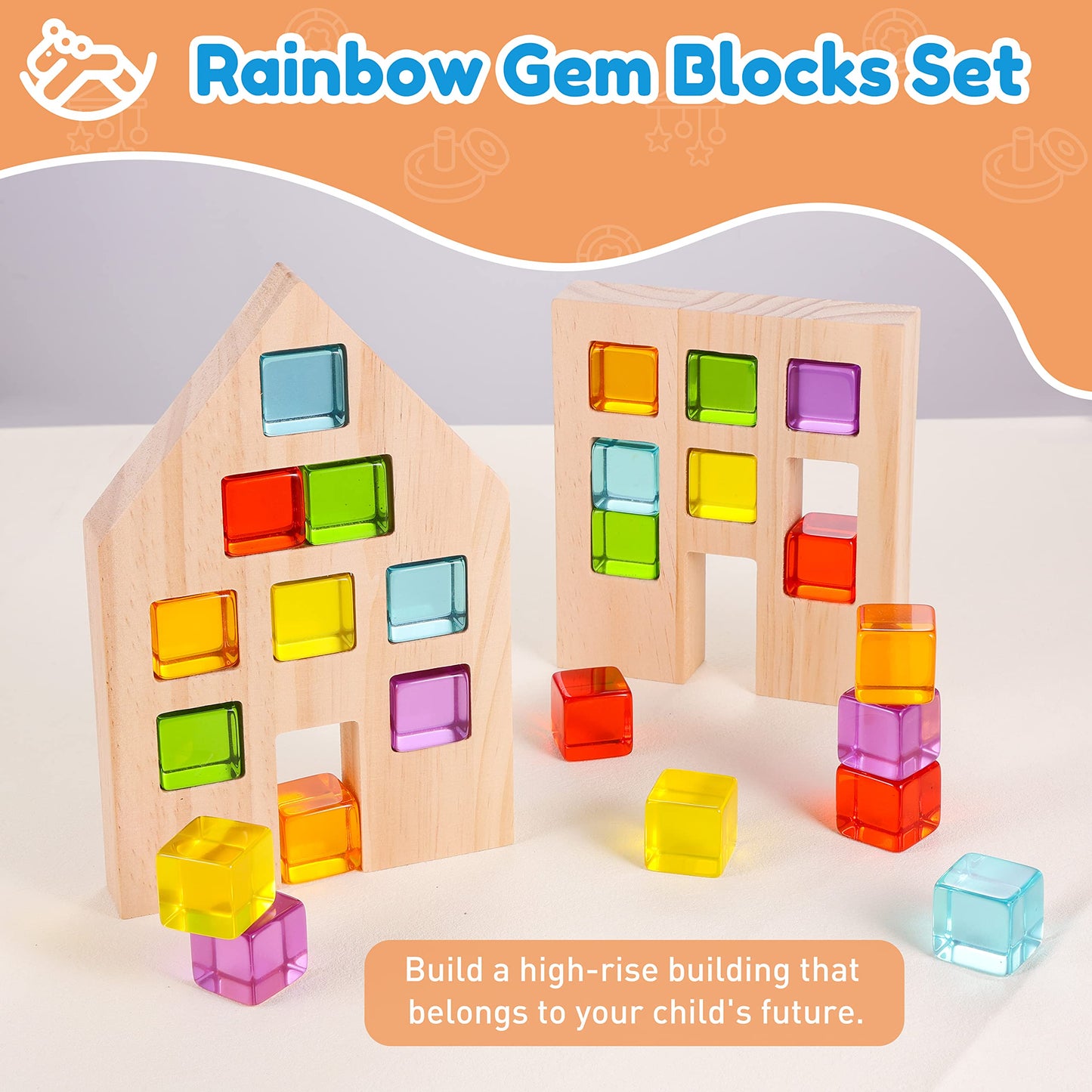 Woodtoe Wooden Baby Walker for Toddlers, Adjustable Speed Push Toys for Babies Learning to Walk, with Wooden Building Blocks Set for Kids, 24 PCS Rainbow Gem Cubes Stacking Blocks