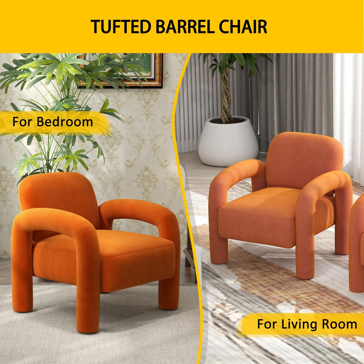SEYNAR Modern Accent Chair, Comfy Velvet Upholstered Armchair, Cozy Vanity Chair Single Sofa, Tufted Barrel Chair Reading Chair for Living Room, Bedrooms, Corner（Orange）