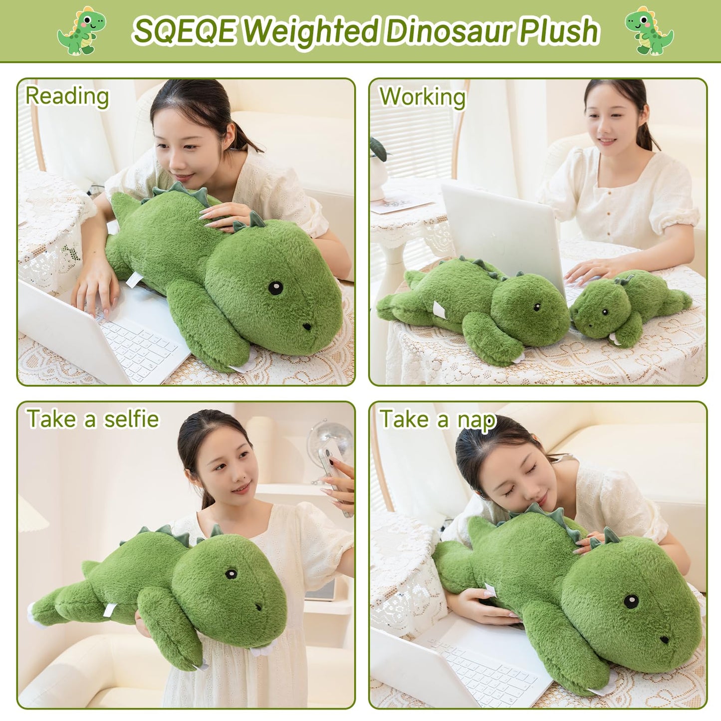 SQEQE Weighted Stuffed Animals Dinosaur Plush, Weighted Stuffed Animals Dino Plushies for Cozy Comfort, Soft T-Rex Pillow Toy for Kids Adults, Valentines & Birthday Gifts 9.8 Inch, 0.8 Lb