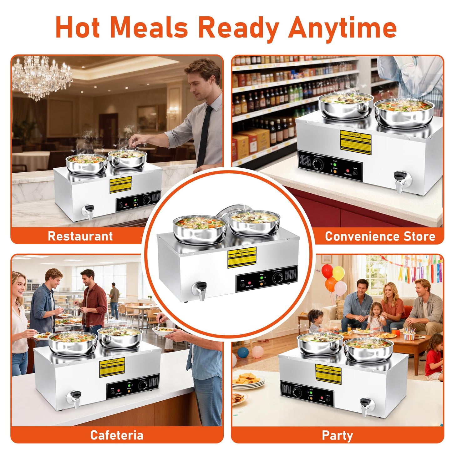ZMRTDWO Soup Warmer, 2X7.4QT Stainless Steel Round Pot Food Warmer, 86°F~185°F Adjustable, 1200W Commercial Bain Marie with Drain Faucet, Buffet Warmer Steam Table for Restaurant Catering Parties