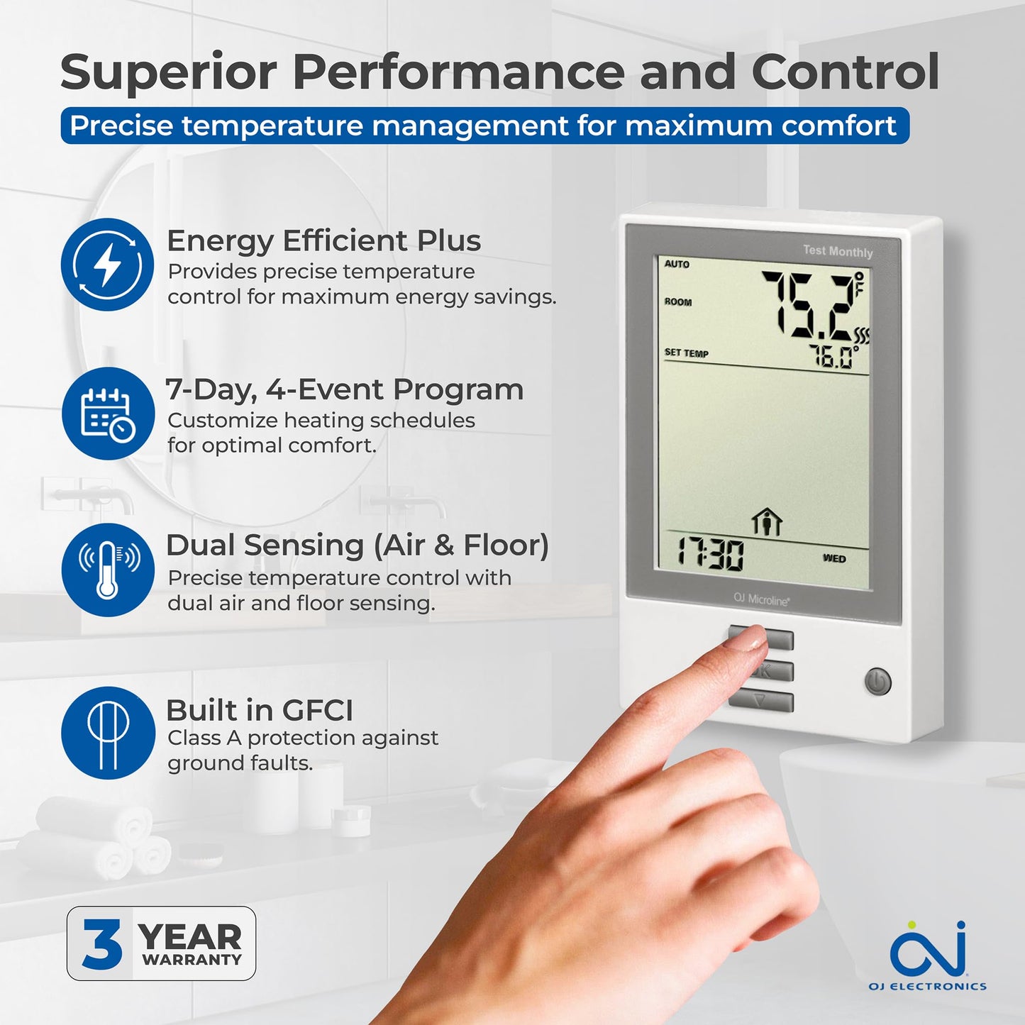 OJ Microline UDG Programmable Thermostat for Heated Floor w/Class A GFCI - 120/240v in Floor Heater Thermostat - Dual Sensing - Includes a Flooring Sensor - 3-Year Warranty & USA Product Support