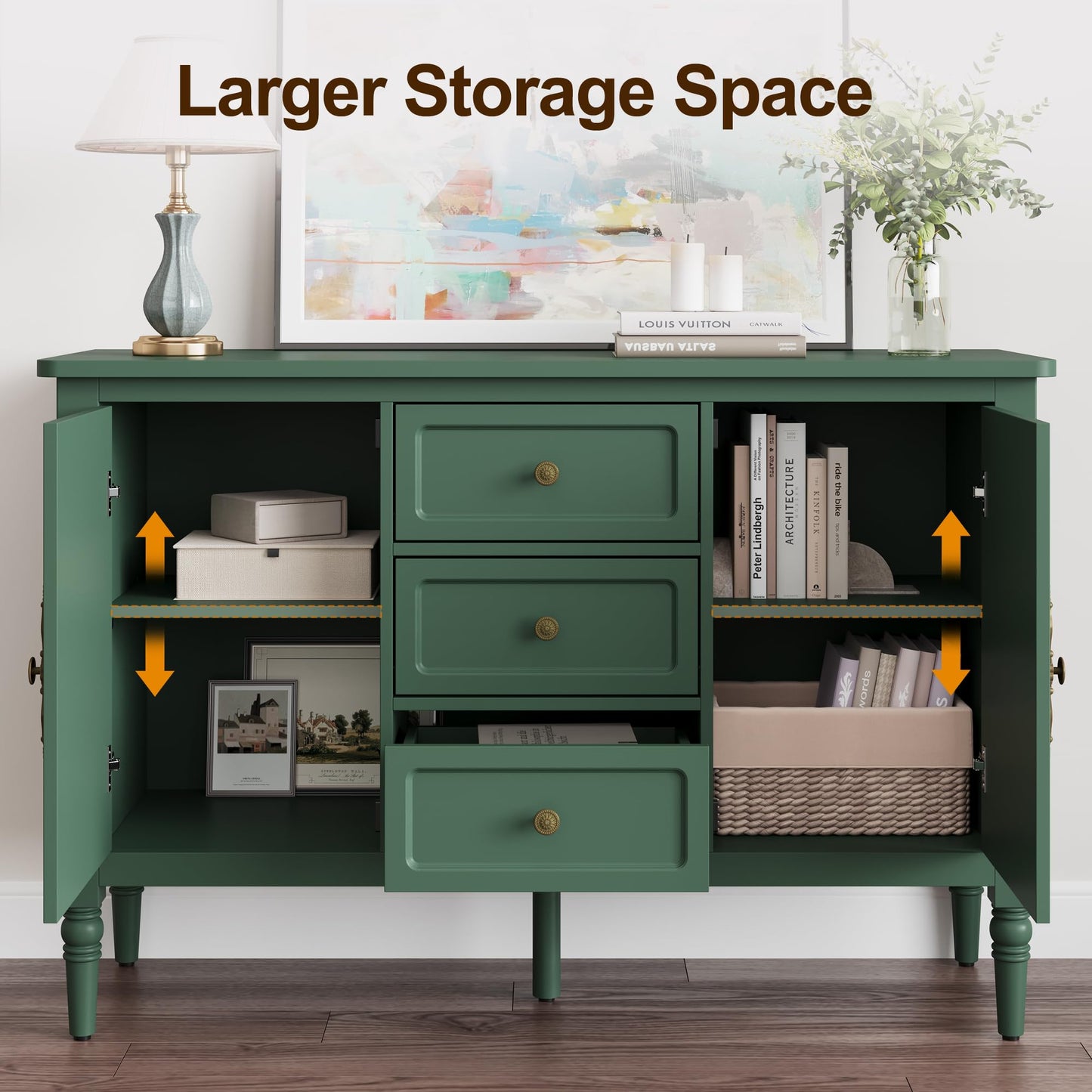 FansaFurn Green Storage Cabinet, Mid-Century Buffet Cabinet with 2 Doors & 3 Drawers, Accent Sideboard Cabinet with Adjustable Shelves & Turned Legs, Great for Entryway, Living Room, Dining Room