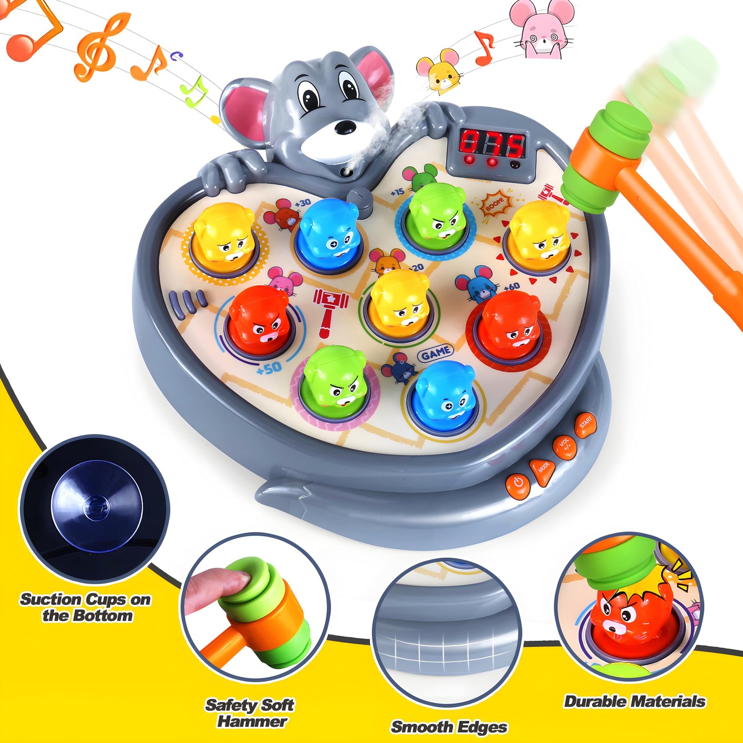 Yerloa Game for Toddlers 2 3 4 5 Year Old Boy Toys Christmas Unique Gift Kids Toys Ages 2-4 4-6 2-3 3-5 4-8 Interactive Learning Educational with Spray 2 Hammers, 5 Modes, 9 Music & Light