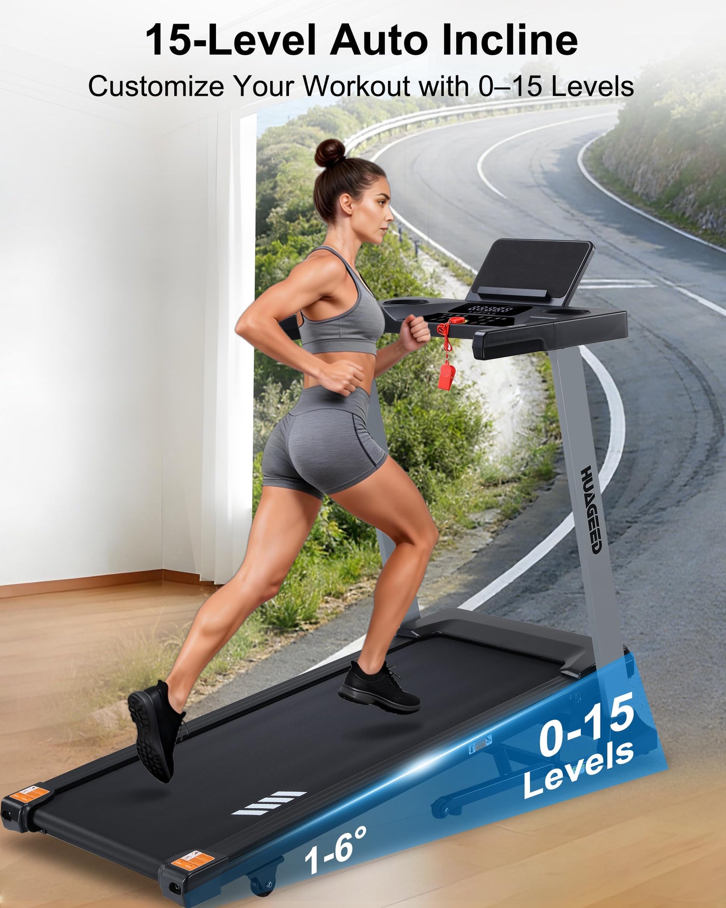 HUAGEED Treadmills for Home, 15-Level Auto Incline, 17.32" Wide Belt, 3.0HP, 0.6–10 MPH, 300 lb Capacity Folding Running Machine, 40 Preset Programs