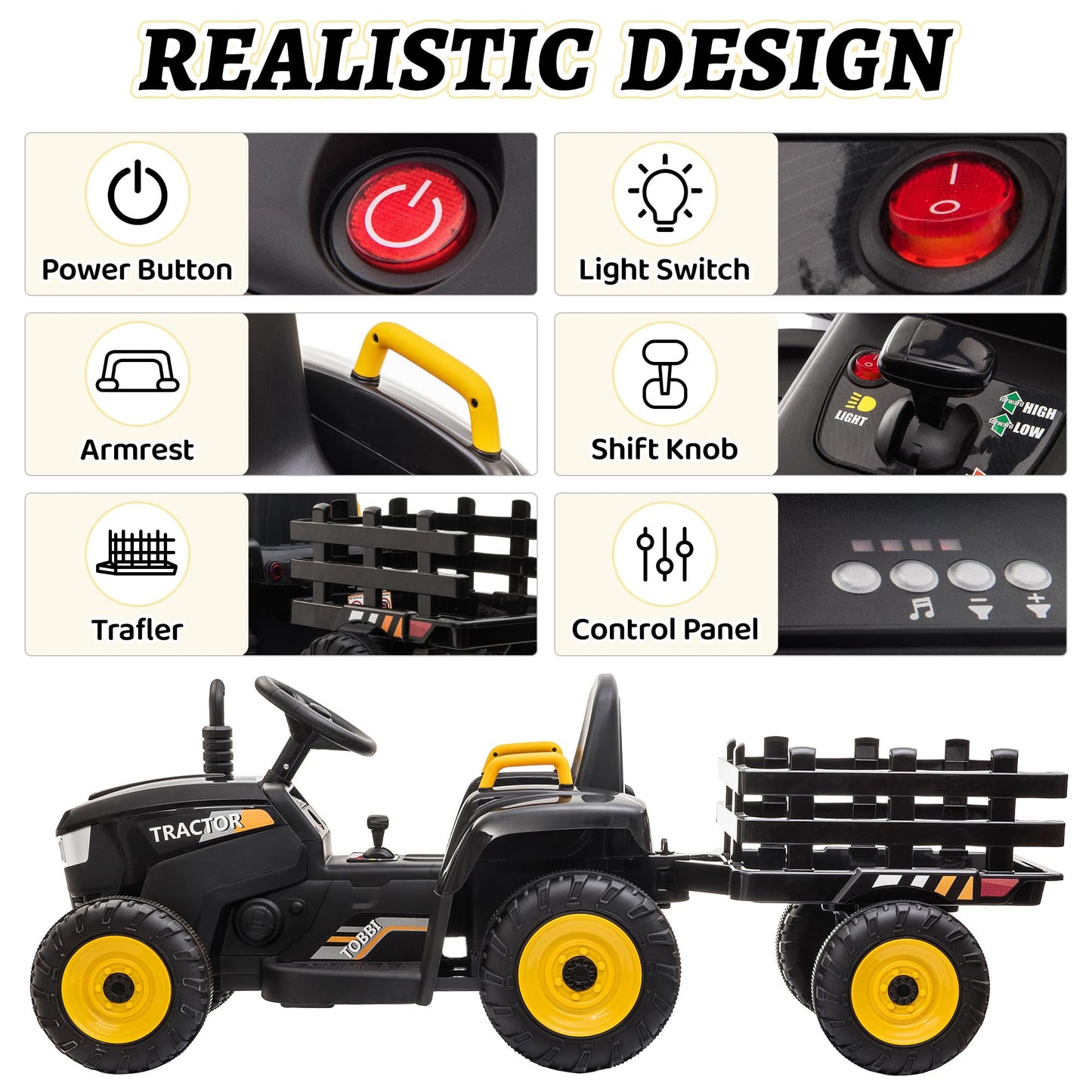 TOBBI Kids Electric Ride On Toy Tractor, Toddlers 12V Battery-Powered Car to Drive, 35W Dual Motor 6-Wheels Trailer Vehicle with 3-Speeds/LED & Horn Functions for Chirdren Aged 3-6-Black