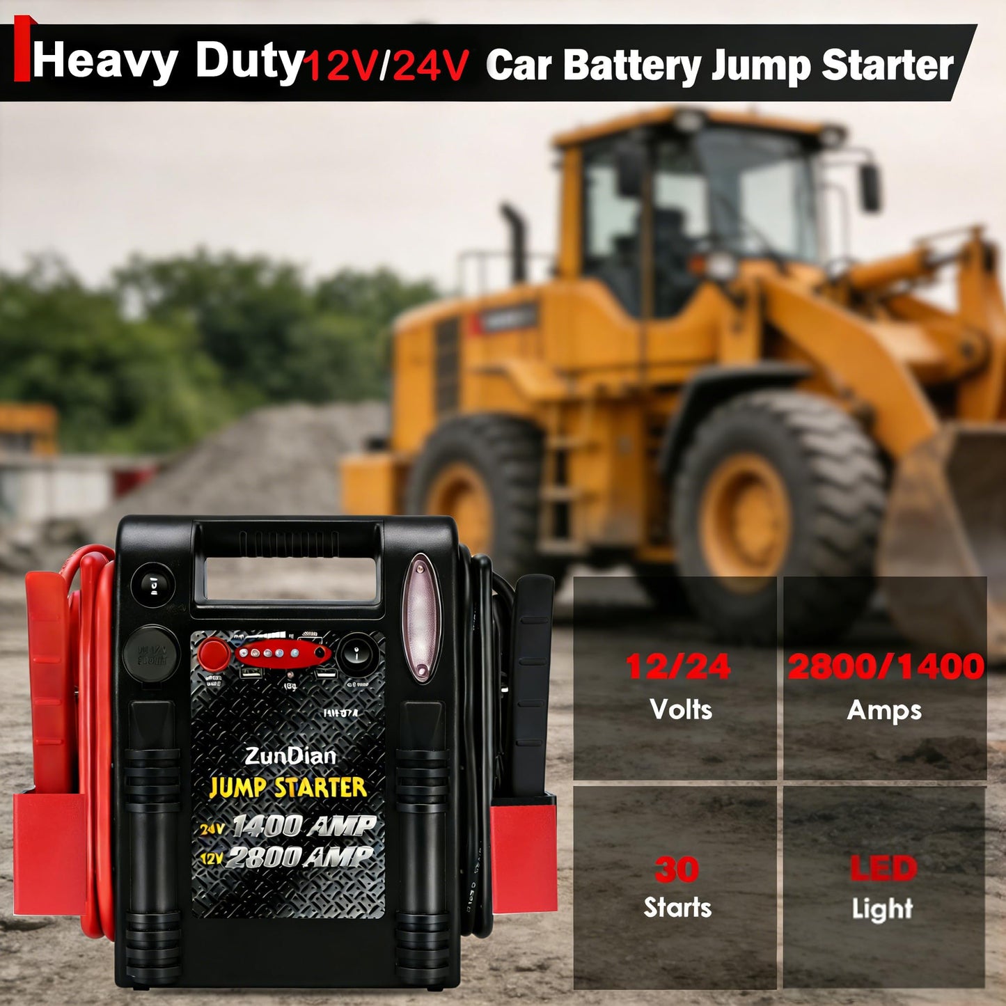 12V/24V Jump Starter - ZunDian 2800/1400 Amp Heavy Duty Jump Box, Works with Truck Tractor Excavator Automotive Engine Starter Battery Charger Booster Jumper Box with USB/DC Power Unit