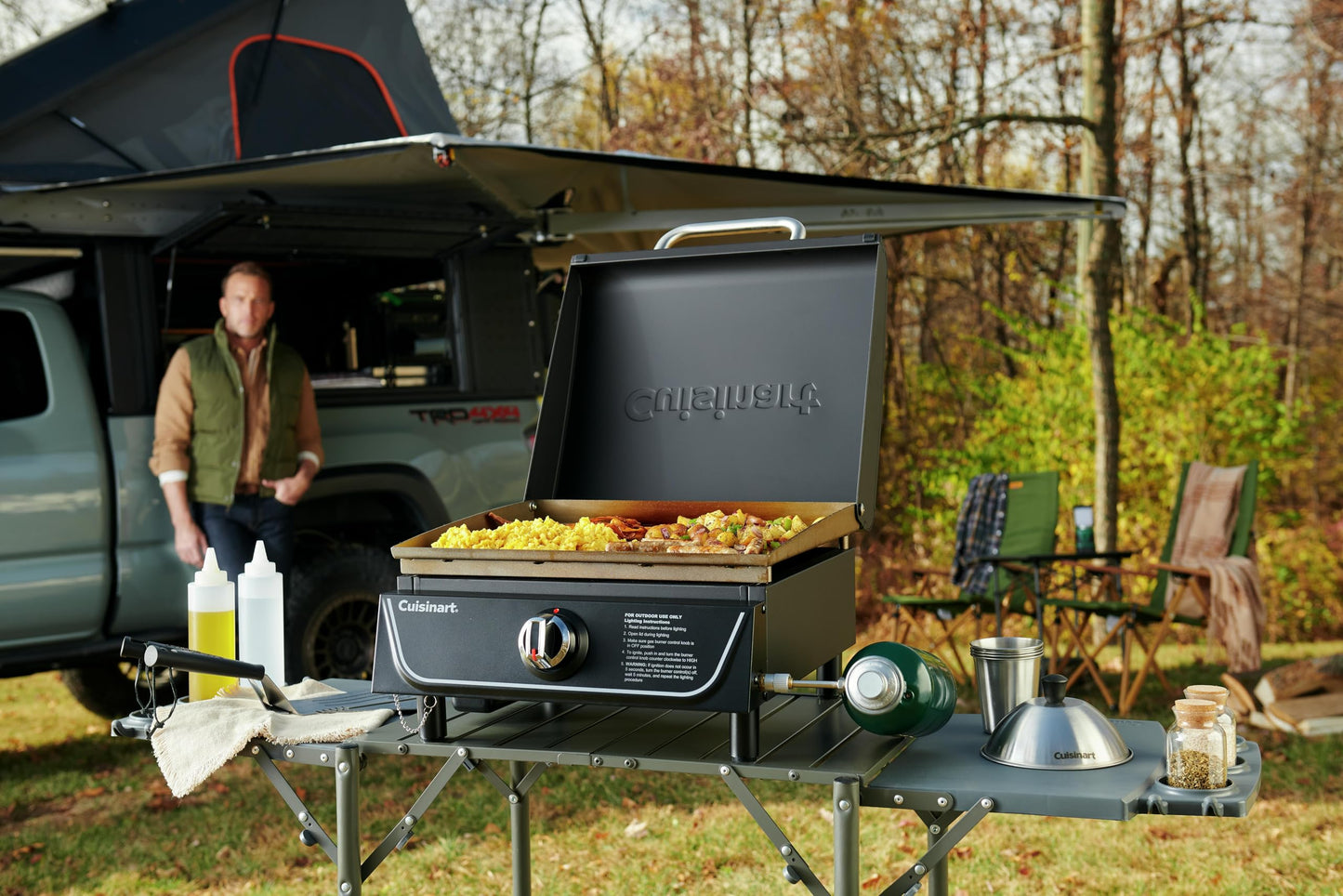 Cuisinart 17” Tabletop Gas Griddle with Hood, Easy Assembly Compact Outdoor Flat-Top Grill with Grease Cup, 255 Sq. In Cooking Space Perfect for Camping, Tailgates and BBQs