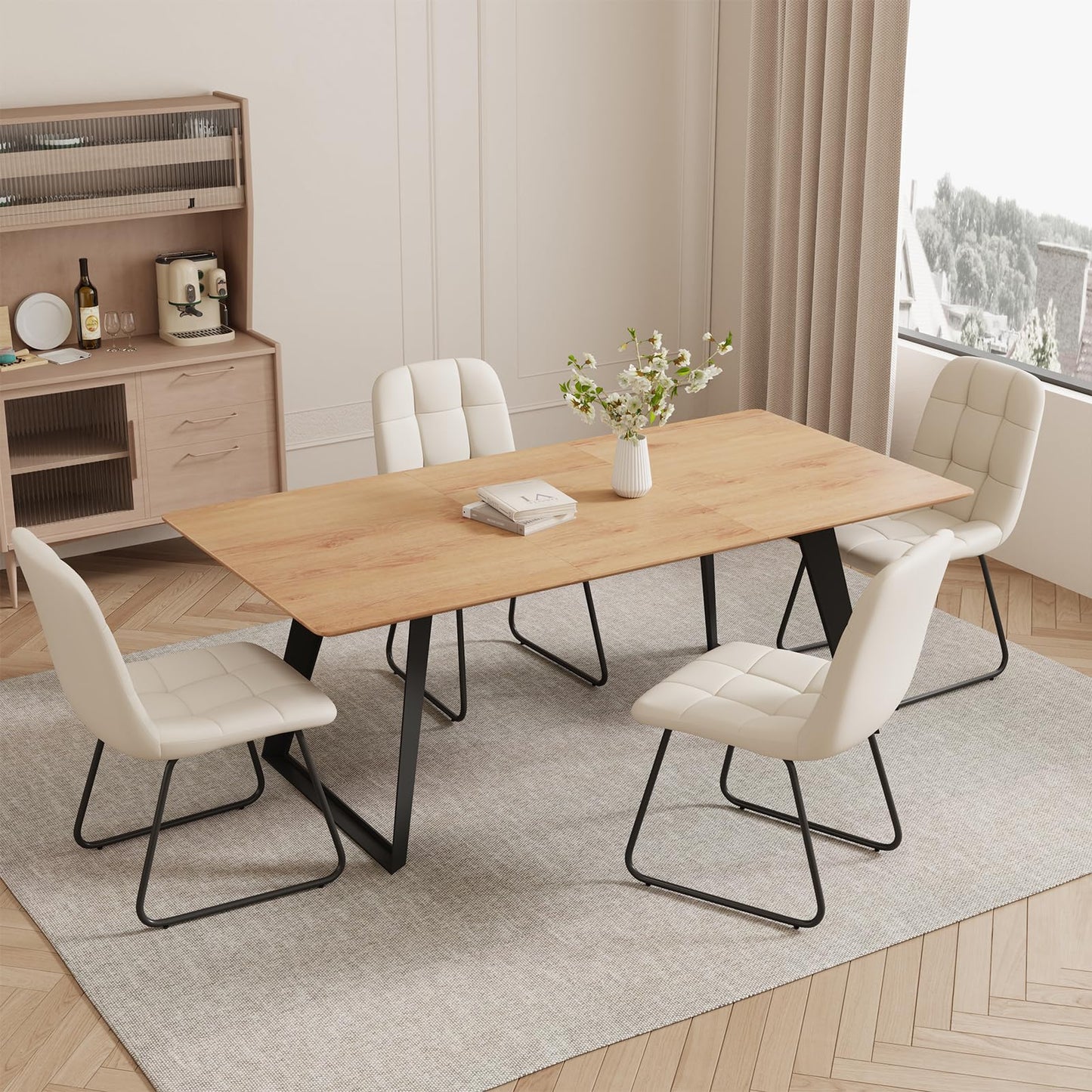 ZckyCine 63"-79" Expandable Dining Table Set for 6, Wood Table & 6 White Chairs, Extendable Kitchen Dining Table Set for Kitchen & Dining Room, Modern Oak & White