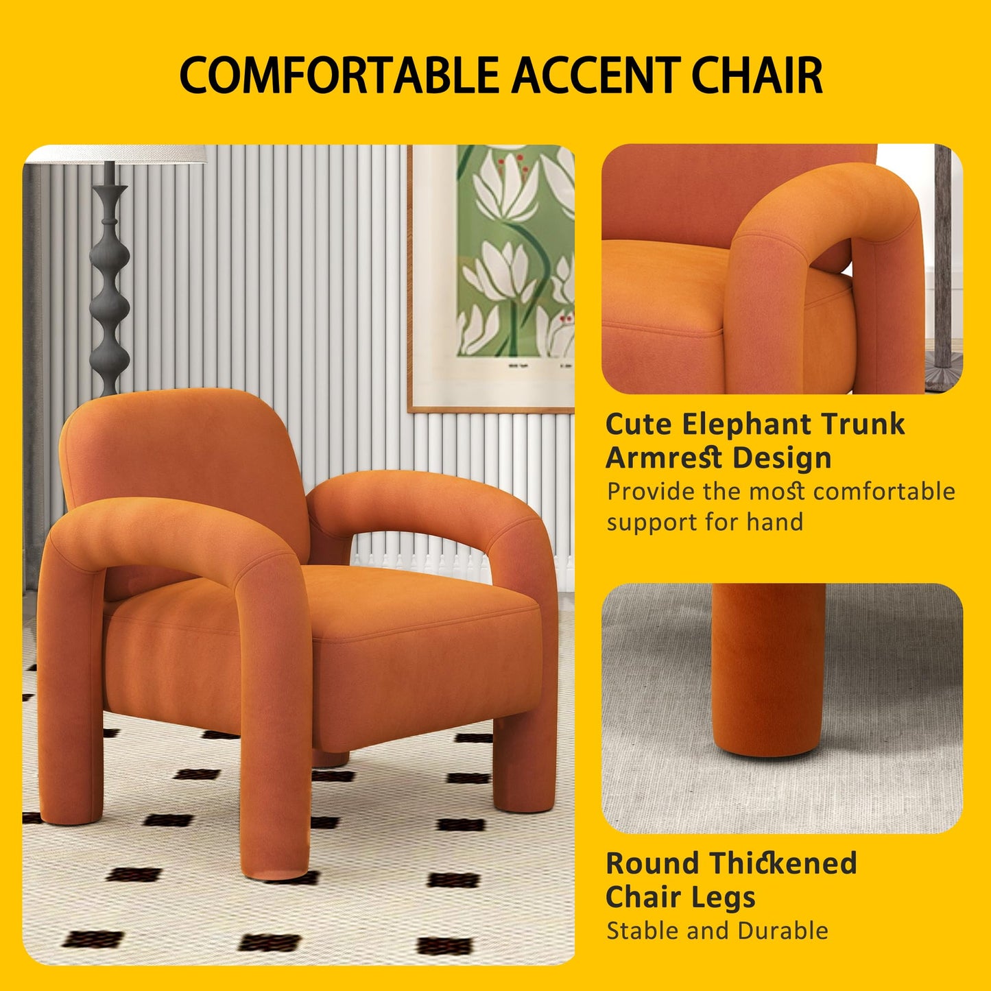 SEYNAR Modern Accent Chair, Comfy Velvet Upholstered Armchair, Cozy Vanity Chair Single Sofa, Tufted Barrel Chair Reading Chair for Living Room, Bedrooms, Corner（Orange）