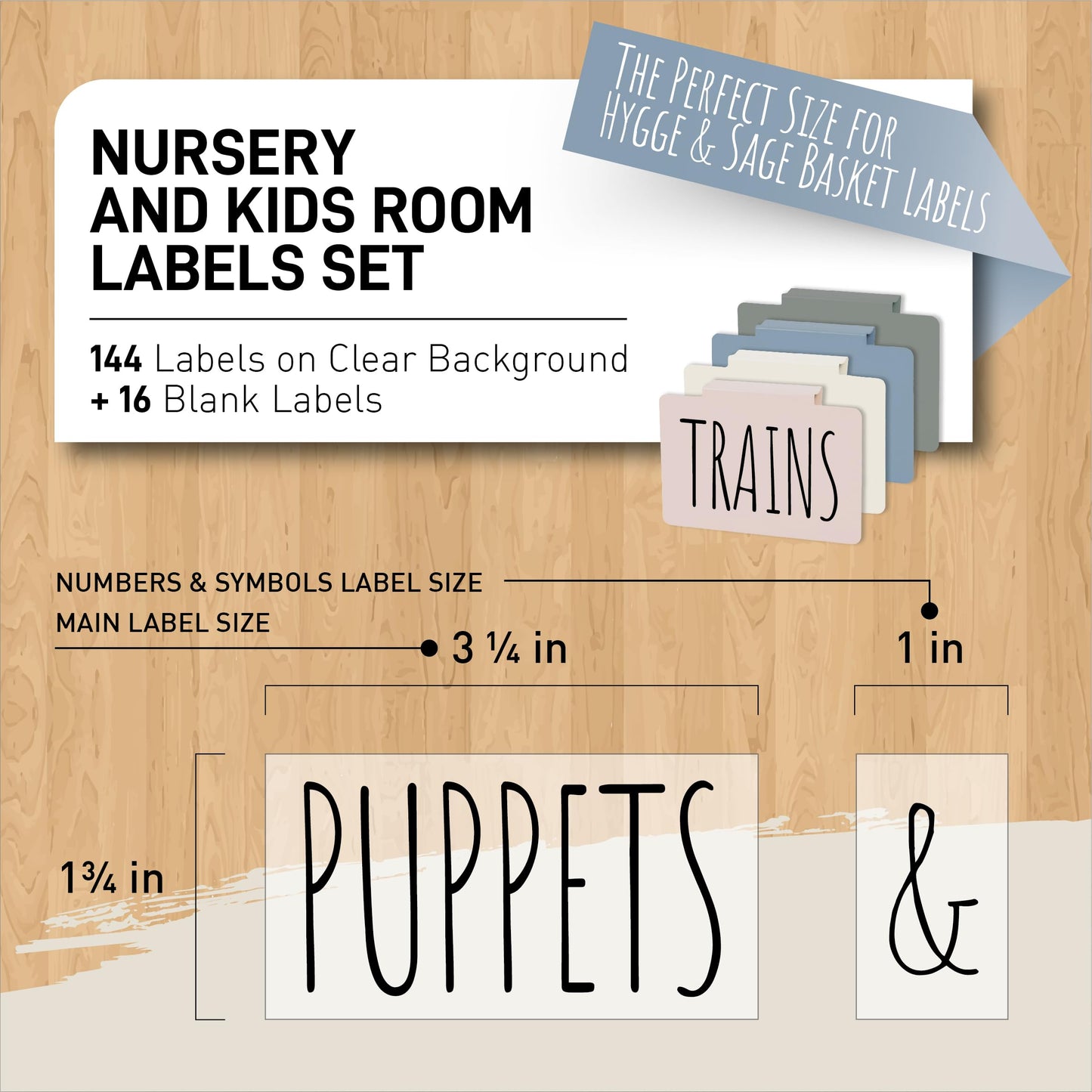 Hygge & Sage Nursery Organization and Kids Room Organization Label Stickers | 144 Clear Preprinted Stickers with Black Print | Easy to Remove Labels for Kids Playroom Storage or Nursery Storage