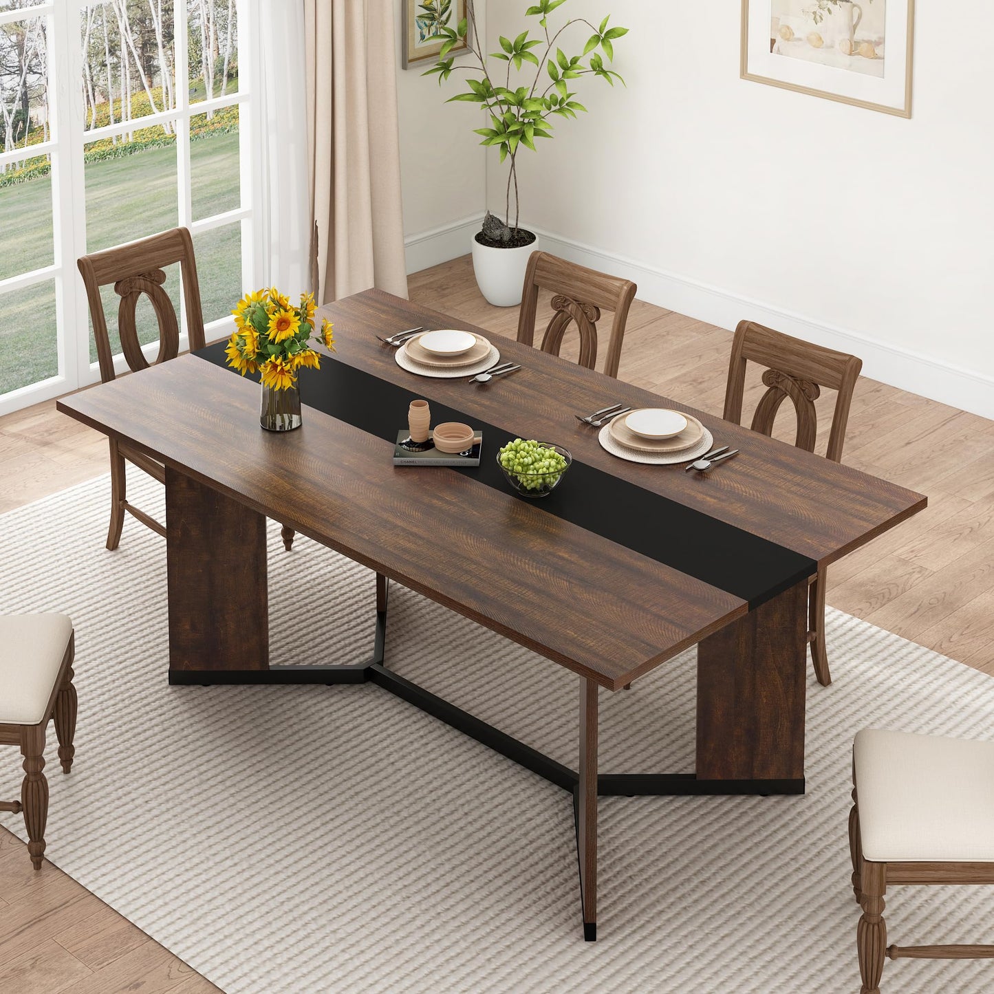 7-Piece Dining Table Set for 4 6 People, 71" Large Long Wooden Kitchen Table with 6 Cushion Chairs W/Waterproof Tabletop, Farmhouse Rectangular Dinner Table for Dining Room,Kitchen,Easy Clean