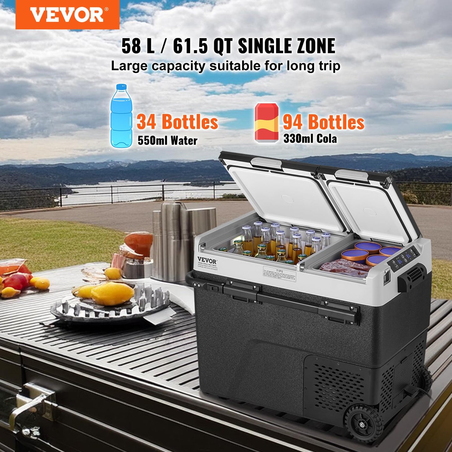VEVOR Portable Car Refrigerator, 12 Volt Car Refrigerator Fridge, 58 L / 61.5 QT Dual Zone Portable Freezer, -4℉-68℉ Adjustable Temperature, Compressor Cooler for Home, Outdoor, Camping, RV, Car