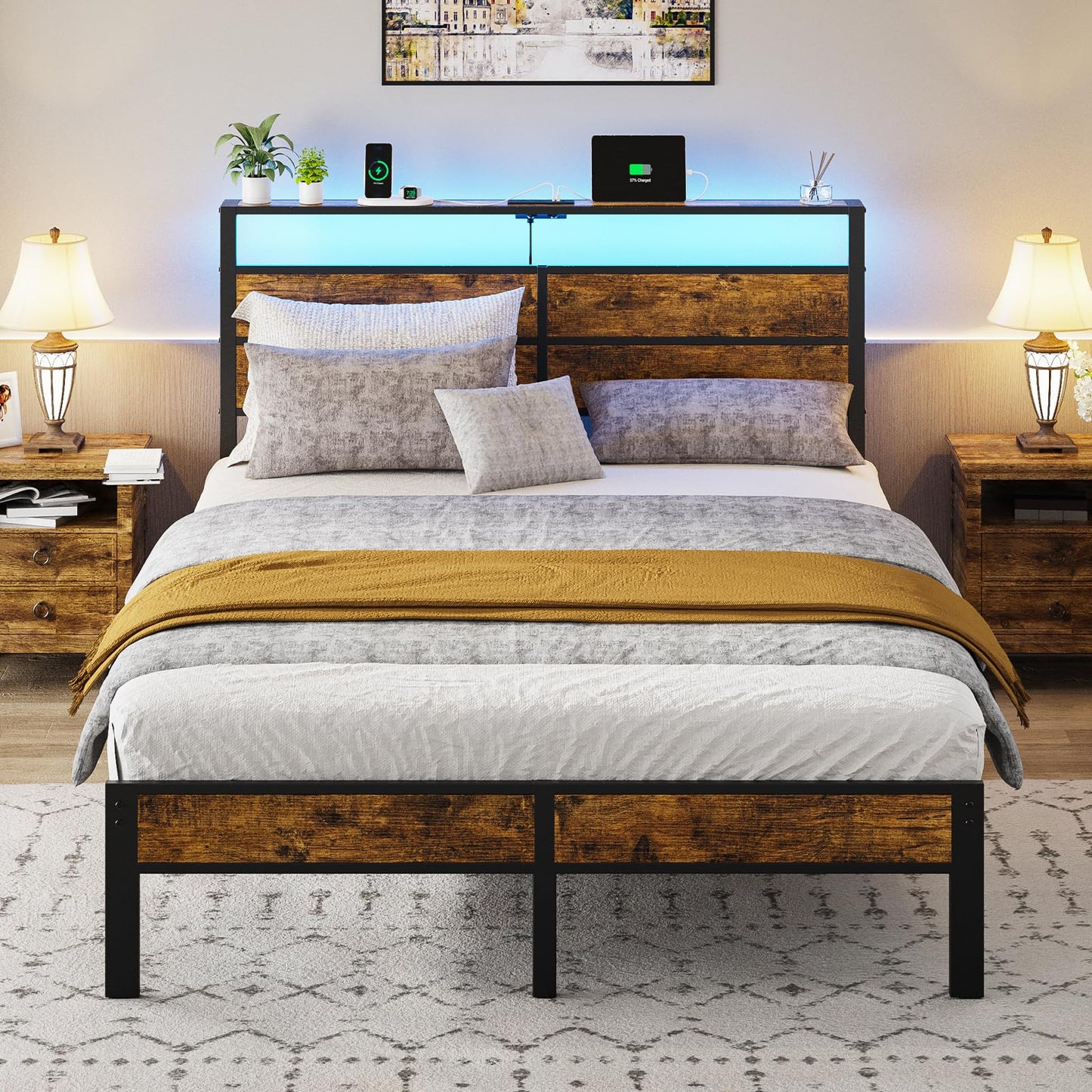 Liians Queen Size Bed Frame, Queen Bed with Charging Station Headboard and LED Lights, Platform Bed with Metal Slats, No Box Spring Needed