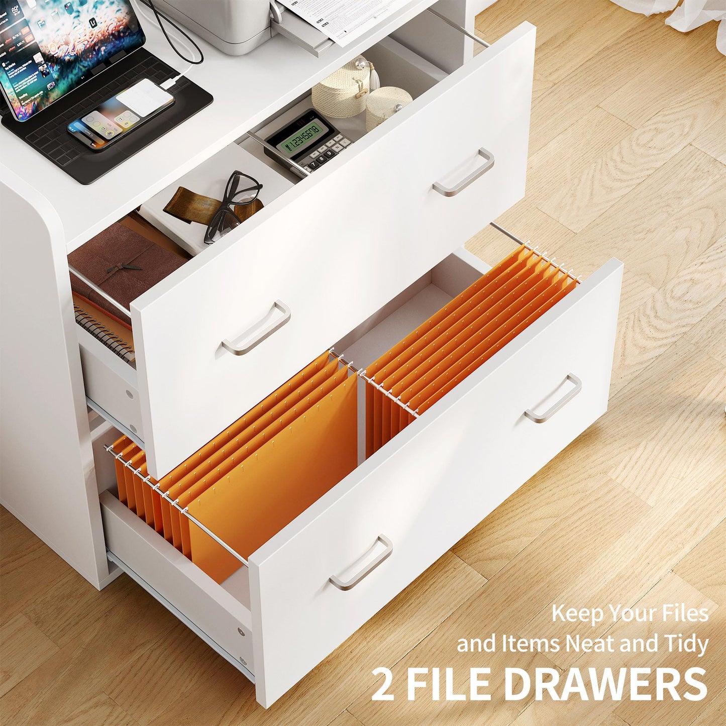 DWVO File Cabinet with Charging Station, 2 Drawer Lateral Filing Cabinet with Storage, Large Printer Stand for Home Office Living Room, Fits A4 Legal Letter Documents, White