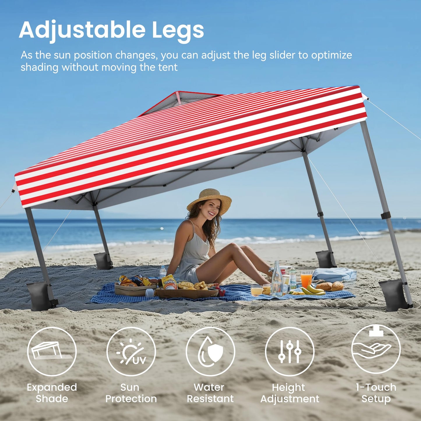 PHI VILLA 10x10 Pop Up Canopy Tent - One Push Setup, Instant Shade Tent with Vented Roof for Beach & Events - Includes Storage Bag, Sandbags, Stakes & Ropes (American Flag)