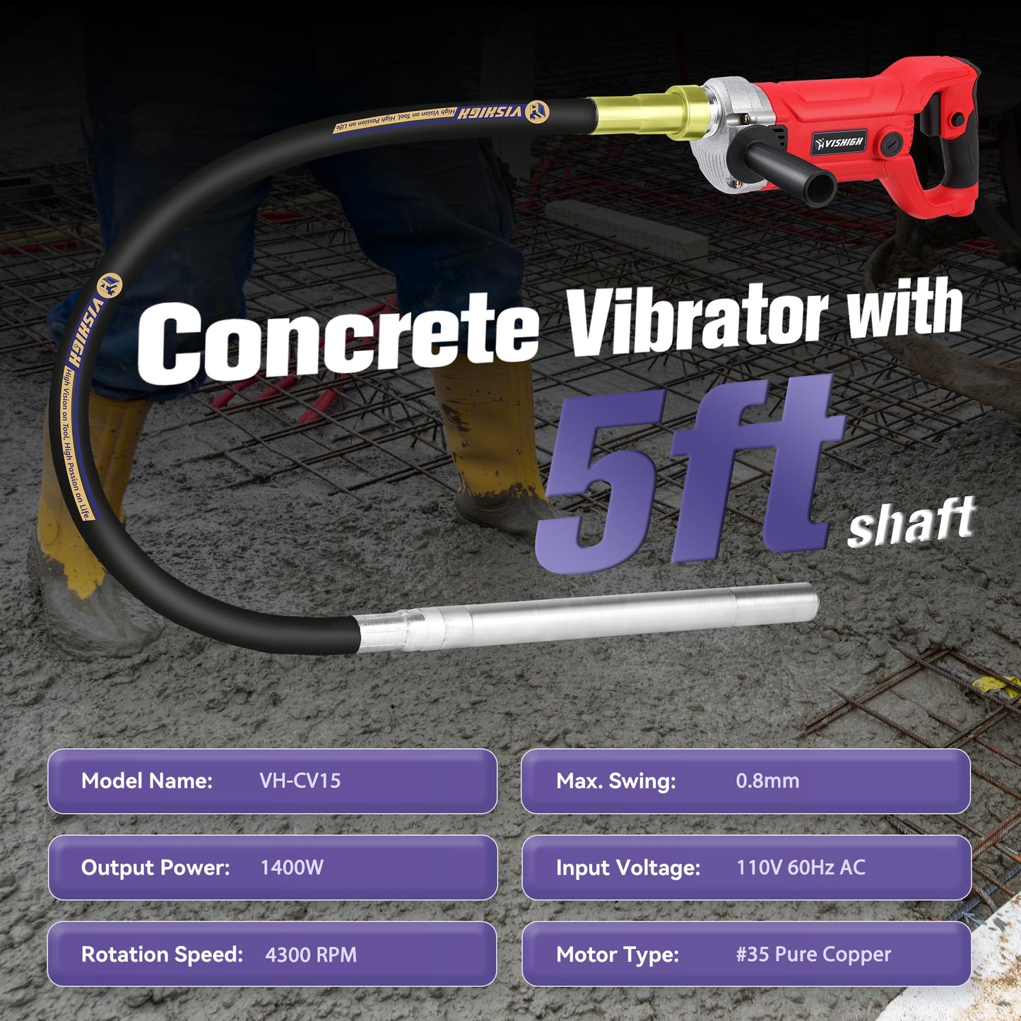 VISHIGH Electric Concrete Vibrating Tool 1400W Handheld, Corded Concrete Vibrator with 5ft Shaft, 110V Household Cement Construction Tool for Slabs Paves Walls Pouring Work in Garden Yards