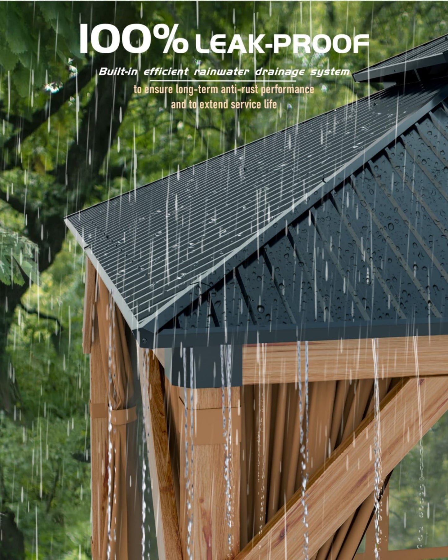 GarveeLife Hard top Wood Gazebo 12 ft x16 ft for All Weather, with Double Metal Roof, Heavy Duty Wooden Frame, Net, and Curtain, Permanent Building for Patio, Deck, Backyard, Lawn, and Garden, Khaki