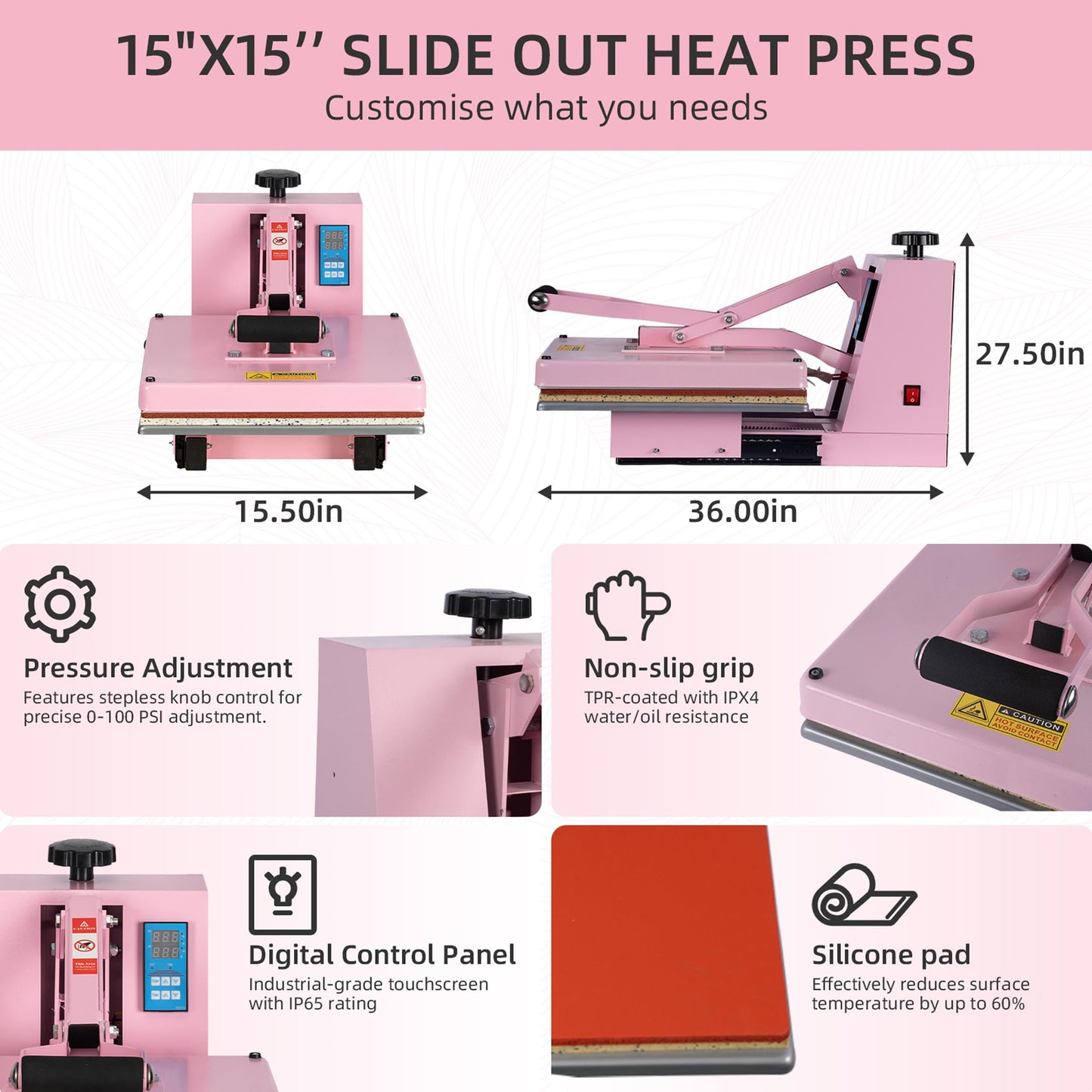 15x15 Inch Heat Press Machine with Slide-Out Drawer, Manual Clamshell Design, Digital Temp & Timer Control, Pink 1400W Heat Transfer Machine for T-Shirts, Vinyl, Fabric, DIY Projects & More
