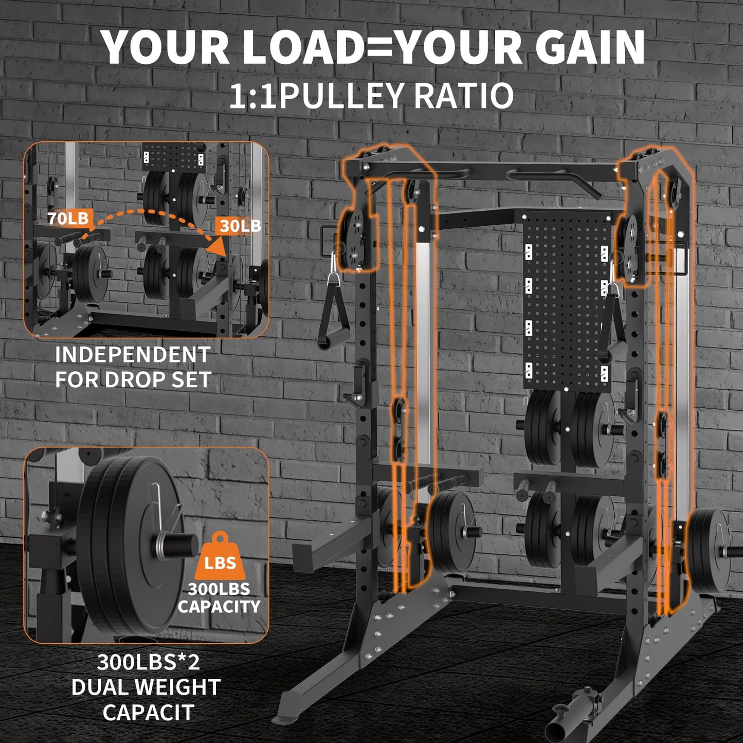 Power Cage, 2000 LB Squat Rack with Dual Pulley Cable Crossover, Multi-Function Home Gym Power Rack with Attachments, Full Body Strength Training Equipment for Home