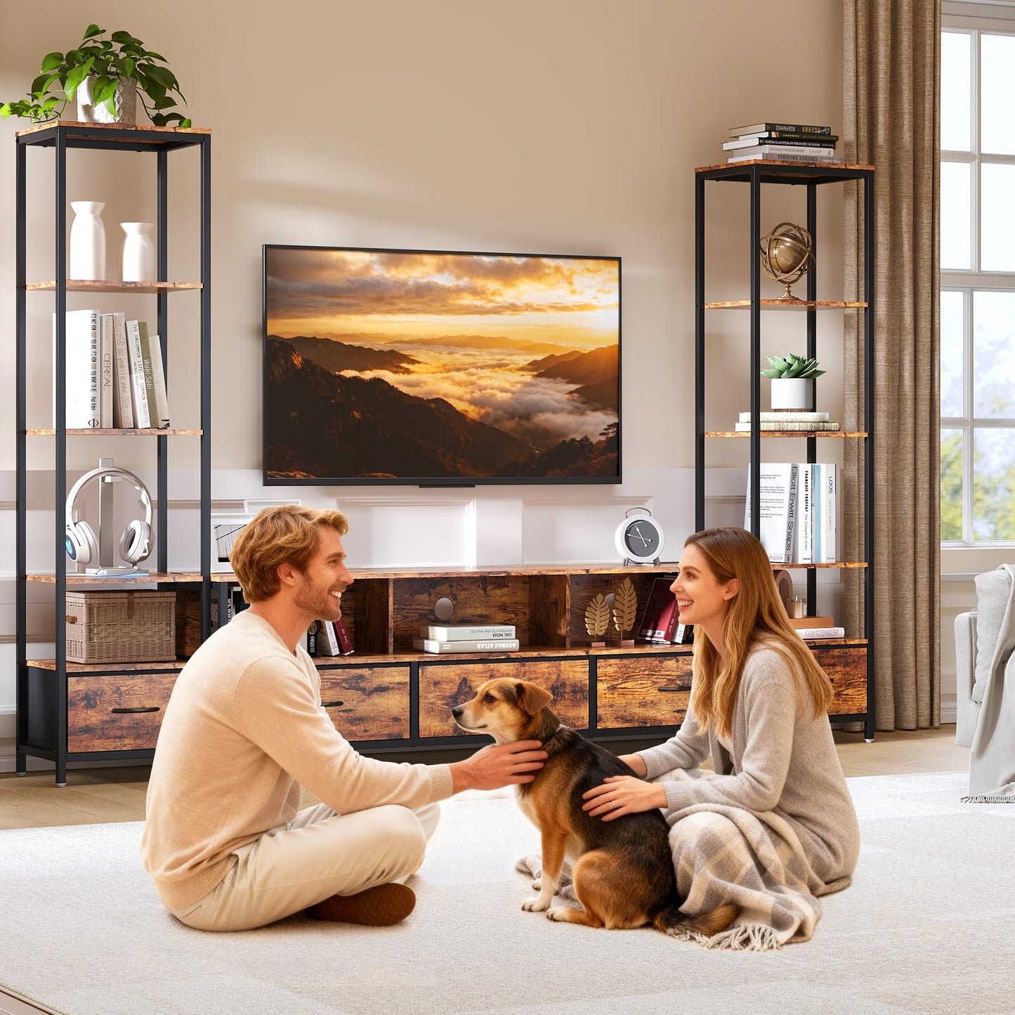 Takywep Modern TV Stand with Bookshelf, Wood and Metal Compact Entertainment Center with Fabric Drawer, LED Lights & Charging Hub for Living Room