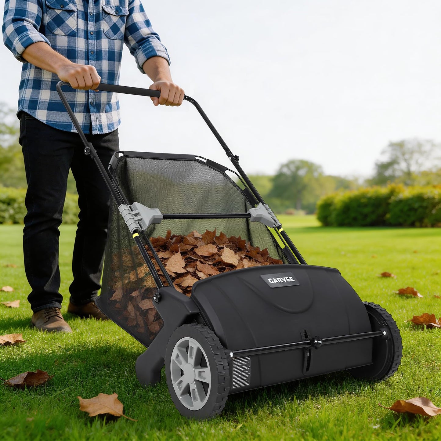 Garvee Push Lawn Sweeper, 21inch Leaf & Grass Collector, Heavy Duty Thickened Steel Durable to Use with Large Capacity 3.5 Cu. ft. Mesh Collection Hopper Bag, 2 Spinning Brushes