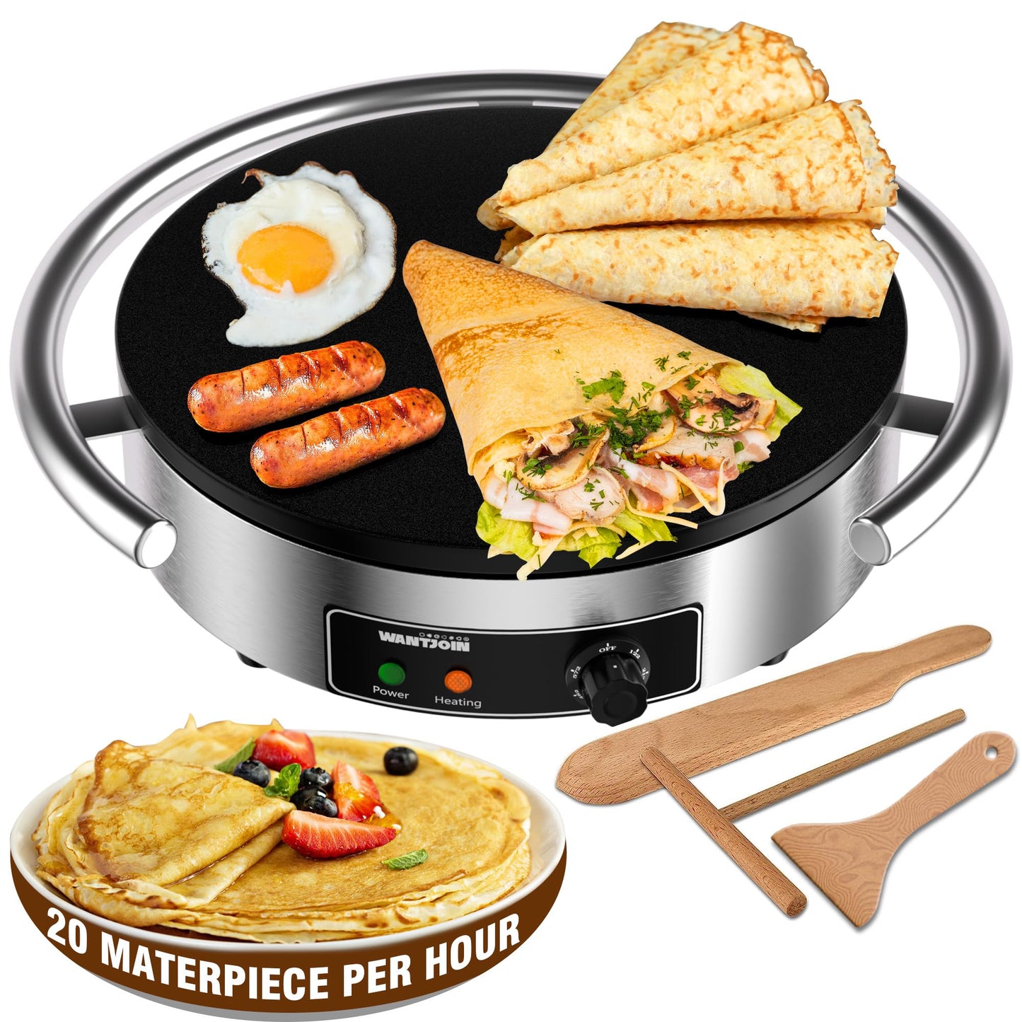 WantJoin Commercial Electric Crepe Maker 16 Inch 110V Non-Stick 1700W Electric Crepe Machine Adjustable Temperature Control 403 Stainless Steel Cooking Base 1700W