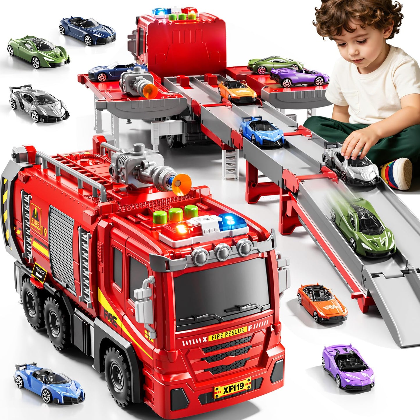 DULONIME Fire Trucks for Toddlers 1-3, Firetruck Toys for Toddlers 1-3 3-5, Folded Carrier Truck Race Track with 6 Racing Car Toys, Light Sound, Birthdays for Kids Girls Aged 3-9