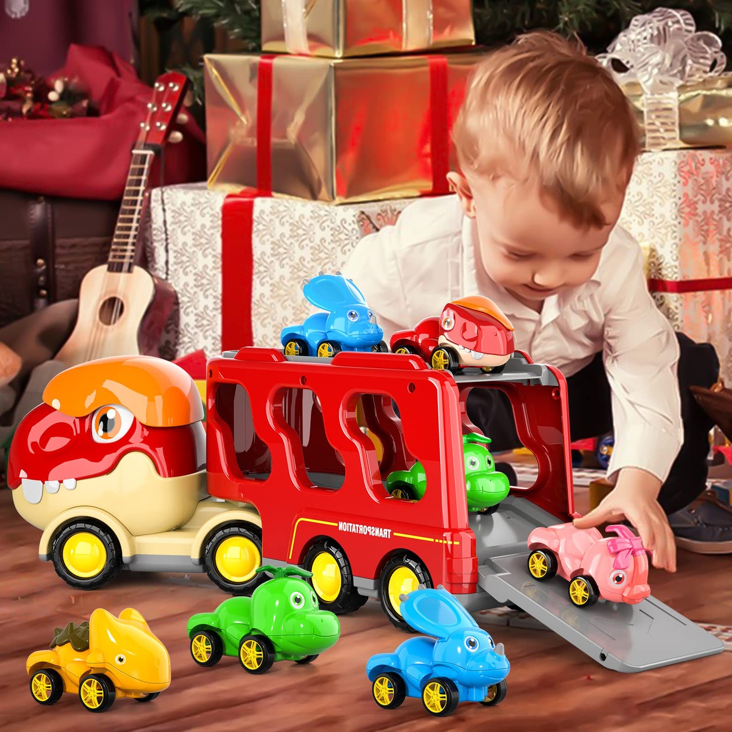 Doloowee Dinosaur Truck Toys for Kids 3-5 Years, Cars Toys for Toddler, 6 in 1 Jurassic Dinosaurs Trucks Toys, Semi Truck Toy Car for Boys and Girls Age3+