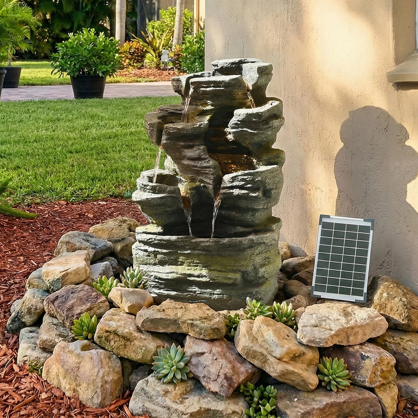 Bumilgar 6 Tier Cascading Rock Solar Water Fountain Outdoor Garden Waterfall Decor for Garden, Patio, Backyard, Deck, Porch and Home Art Decor,24.4" H Outdoor Fountain with LED Lights