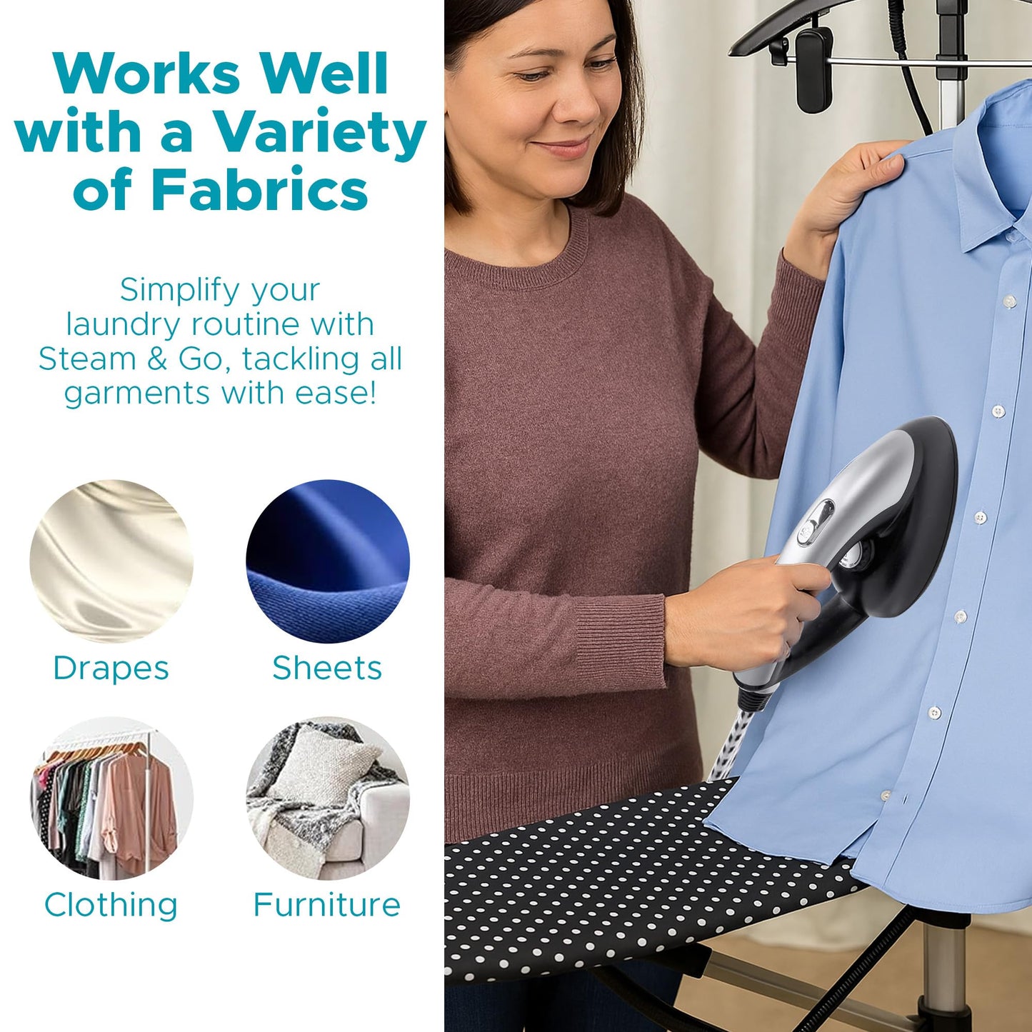 Steam & Go - All-in-One Garment Steamer and Iron, Pressurized Steamer For Clothes with Ironing Board and Clothing Hanger, Steam Iron Fabric Steamer for Wrinkles and Creases, Chemical-Free