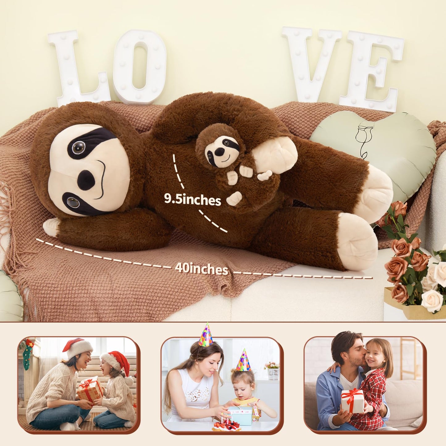 MorisMos Giant Sloth Stuffed Animal Hugging Plush Toys Duo,38" Big Mama and Baby Plush Sloth Toys for Kid Girl Boy,3ft Giant Stuffed Animals Gift for Birthday Baby Shower Decor Valentine's Christmas