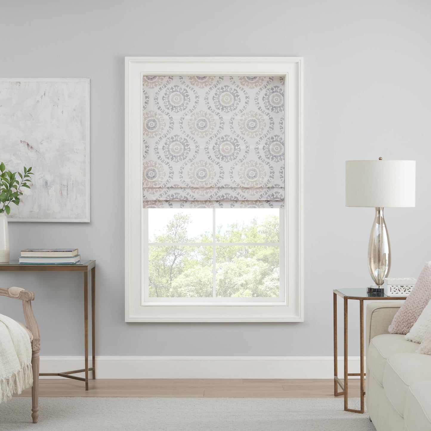 Waverly Adonis Medallion 100% Blackout Roman Shade, Cordless and Noise Reducing Window Shade for Privacy, Thermal Window Treatments for Energy Saving Benefits, 23 in Wide x 64 in Long, Natural