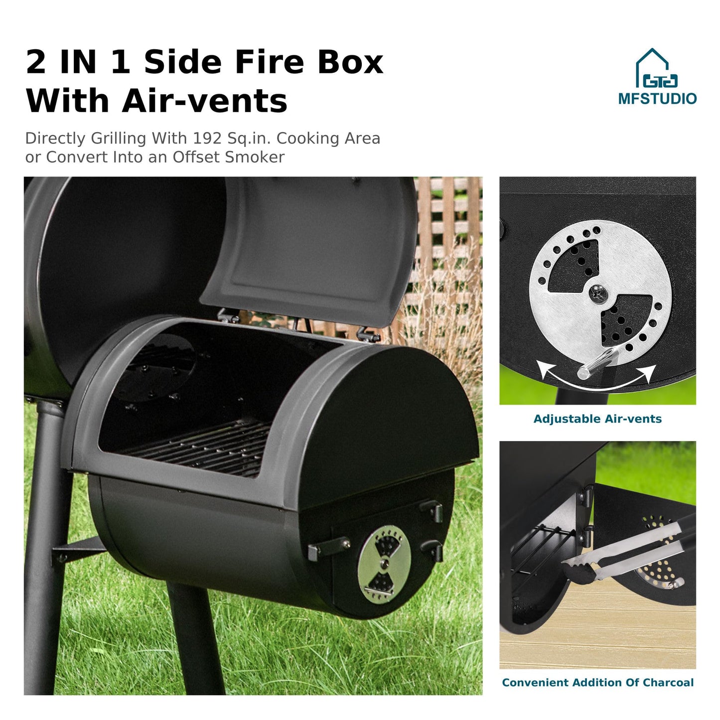 MFSTUDIO Heavy Duty Charcoal Wood Offset Outdoor Smoker Grill, Charcoal Grill with Smoker Combo for BBQ Grilling, 512 SQ.IN.