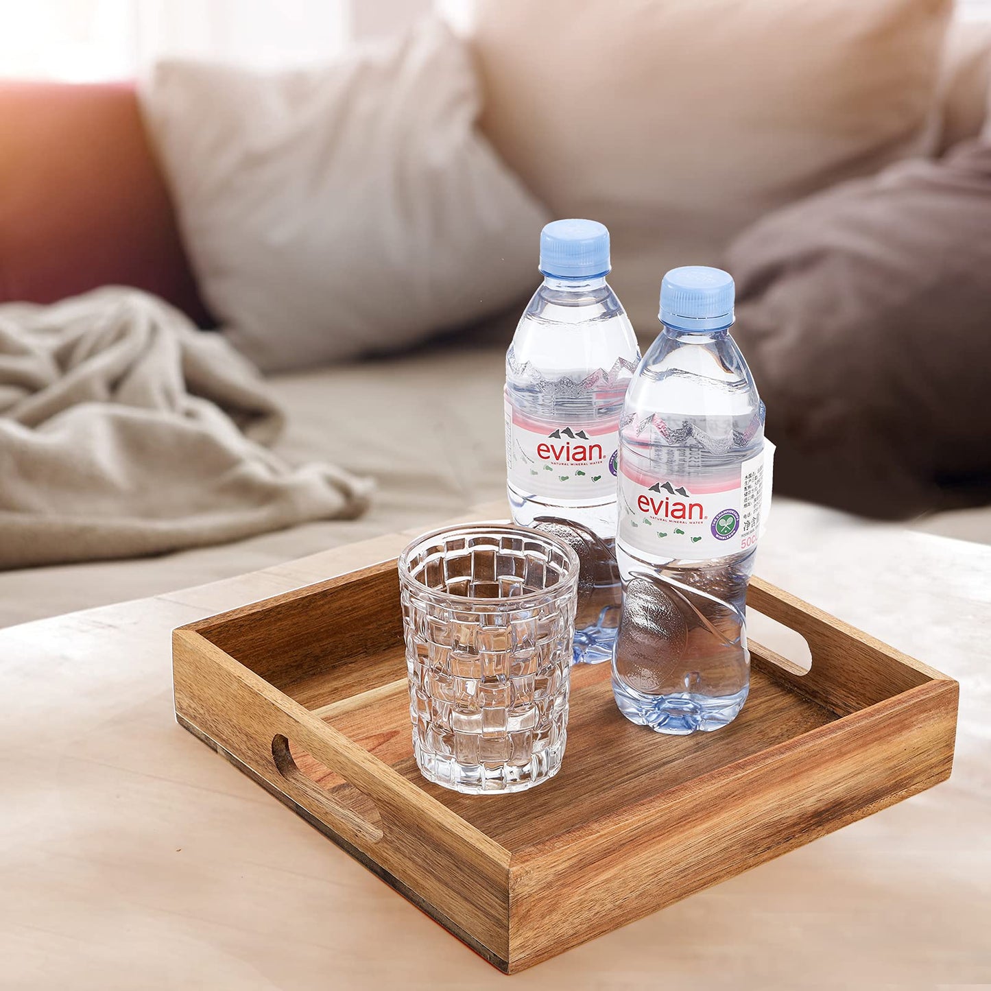 YOUEON Set of 2 Acacia Wood Serving Tray with Handles, 10x10x2 Inch Decorative Serving Trays for Food, Ottoman Tray, Square Coffee Table Trays for Dinner, Coffee, Wine, Appetizer