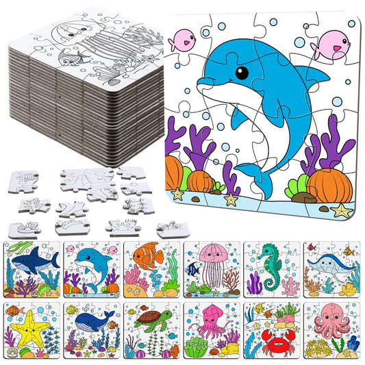 Realspring 24 Pack Under The Sea Color Your Own Jigsaw Puzzles for Kids 3-5, 4-6, 6-8, Coloring Crafts DIY Paper Puzzles Party Favors Gifts for Toddler Children Learning Education Toys