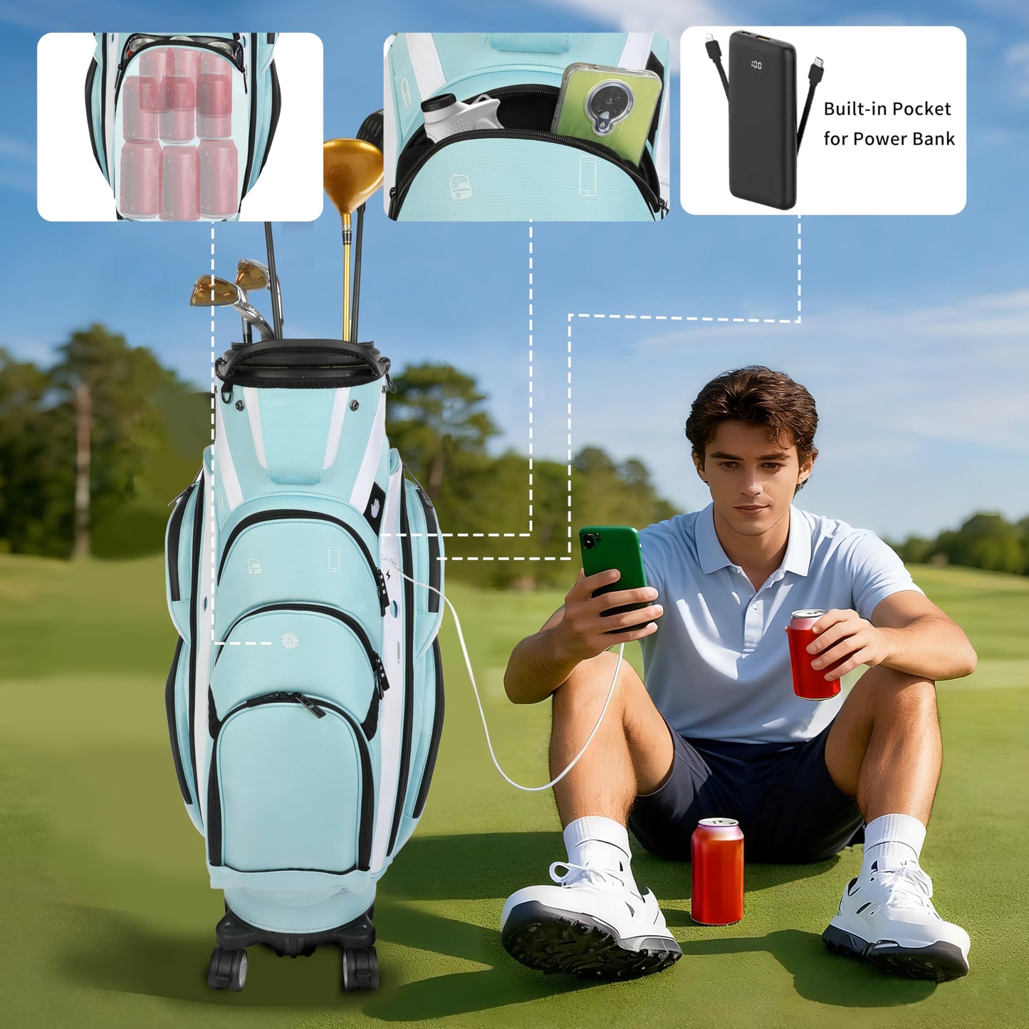 Lightweight Golf Travel Bag with Wheels for Vacation, Retractable Hard Top Club Protector, 14-Way Cart Bag with Insulated Cooler Pocket - Sky Blue & White