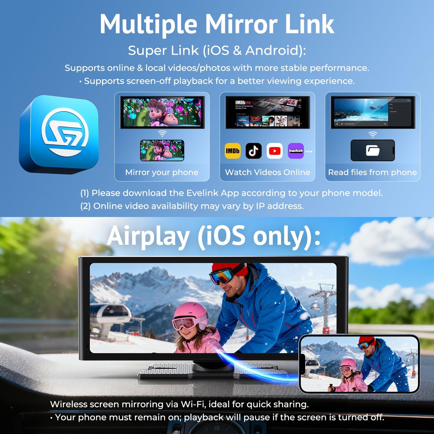 Wonsidary 10.26" HD Wireless CarPlay Screen for Carplay & Android Auto Touch Screen,4K Dash Cam,1080P Backup Camera,Mirror Link,Voice Control,GPS,Bluetooth,64G TF,for All Vehicles