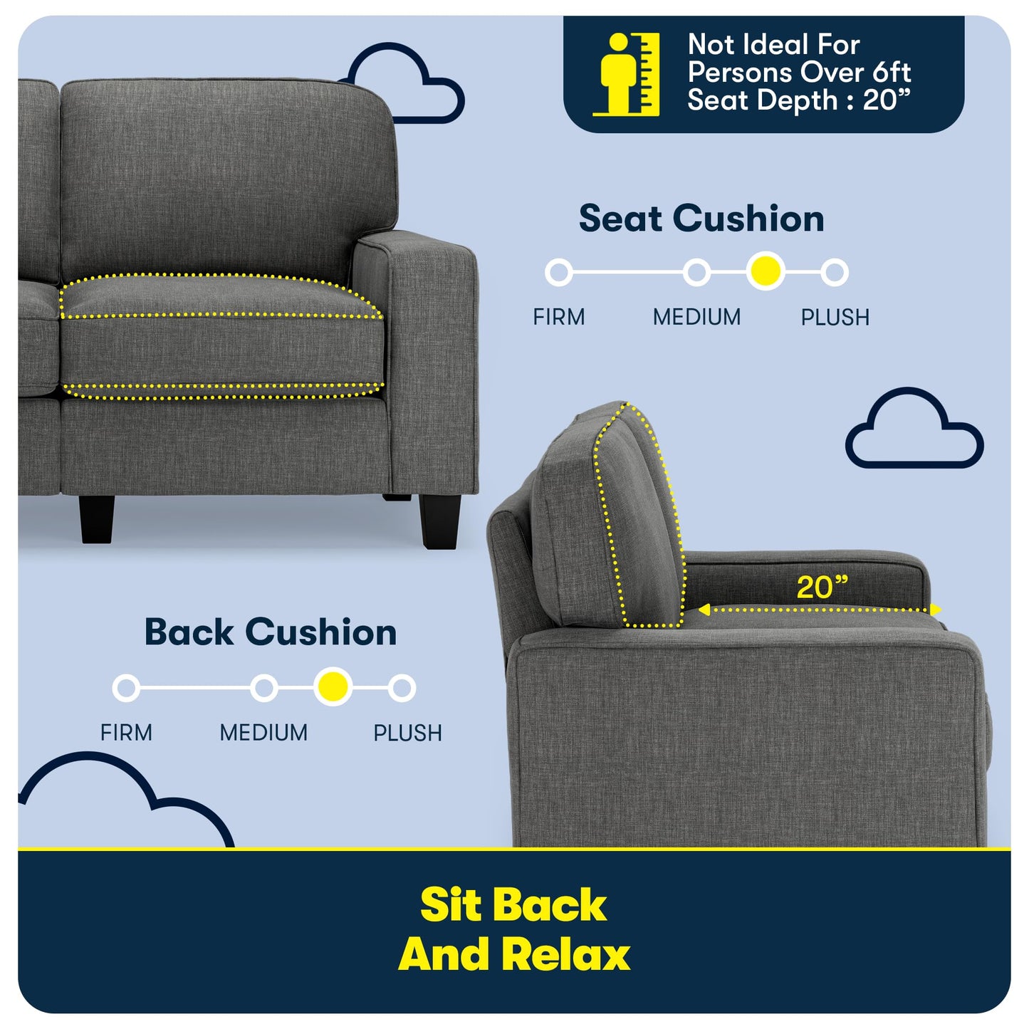 Serta Palisades 61" Track Arm Sofa, Easy Care Polyester, Soft Pillow Back, Pocket Coil Seat Cushions, Removable Covers, Loveseat or Couch for Small Spaces, Living Rooms or Bedrooms, Gray