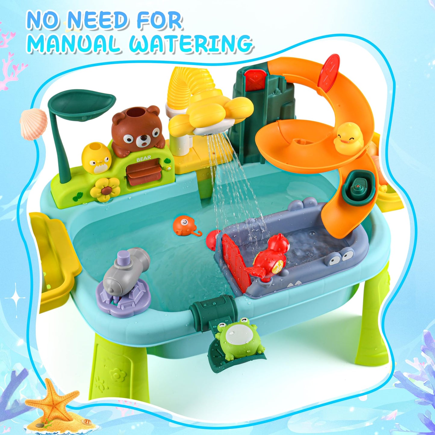 Upgraded Toddler Sand Water Table Toy with Electric Water Pump, Kids Sand Water with Faucet/Play Food Accessories/Fishing Toy, Kitchen Play Sink Toys for Girl Boy Age 3+ (Blue-Sunflower)