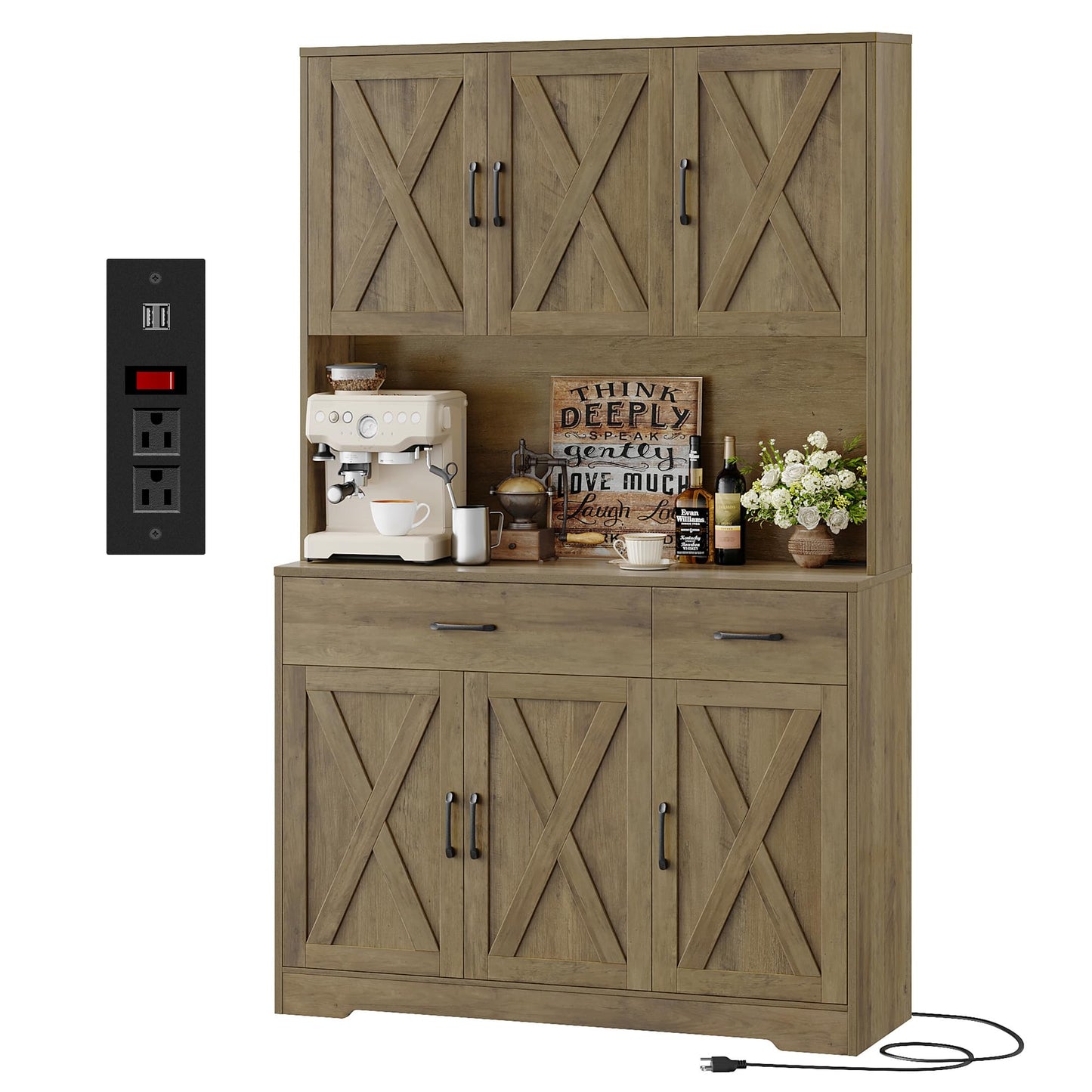 HOSTACK 71" Pantry Cabinet with Charging Station, Tall Kitchen Pantry Storage Cabinet with Microwave Stand, Farmhouse Kitchen Hutch with Storage Drawers for Living Room, Dining Room, Rustic Brown