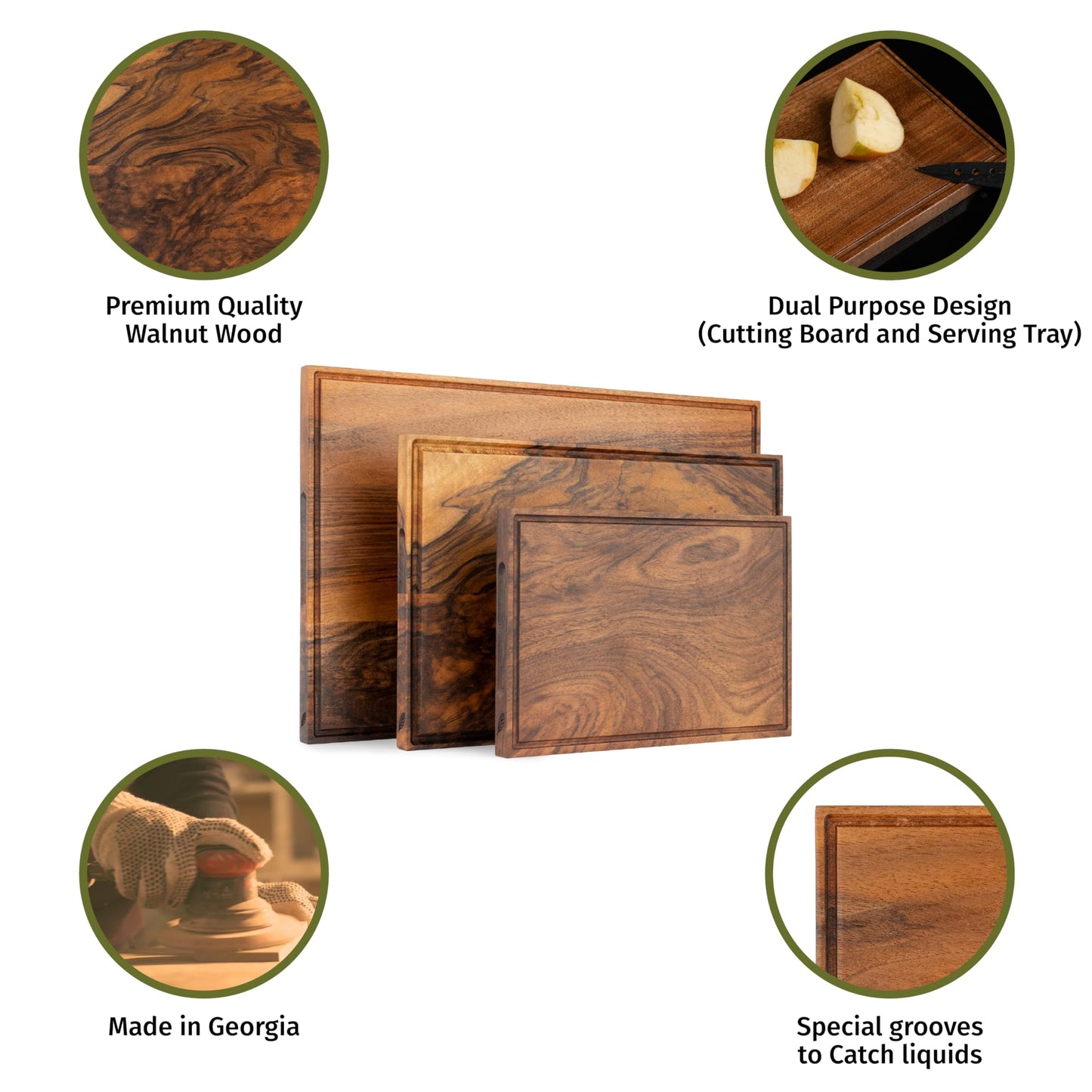 Walnut Wood Cutting Boards Set – Non Toxic, Solid Wood Cutting Board with Juice Groove - Wooden Charcuterie Boards for Serving Food - Wooden Chopping Board Set – Premium Dark Hardwood – Wedding Gifts